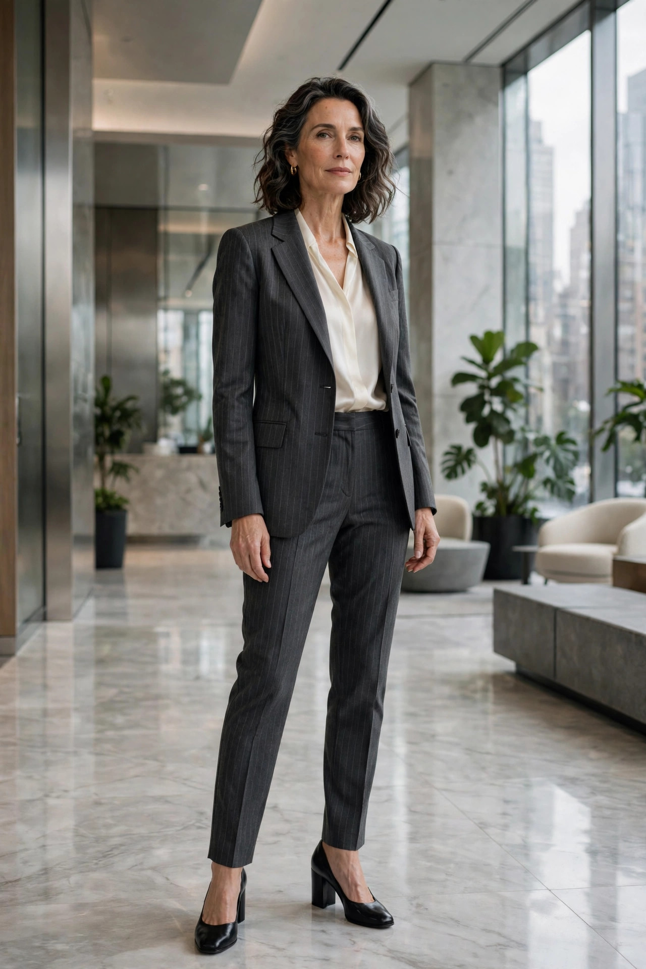 Woman over 50 wearing a charcoal pinstripe suit with ivory silk blouse and block heels
