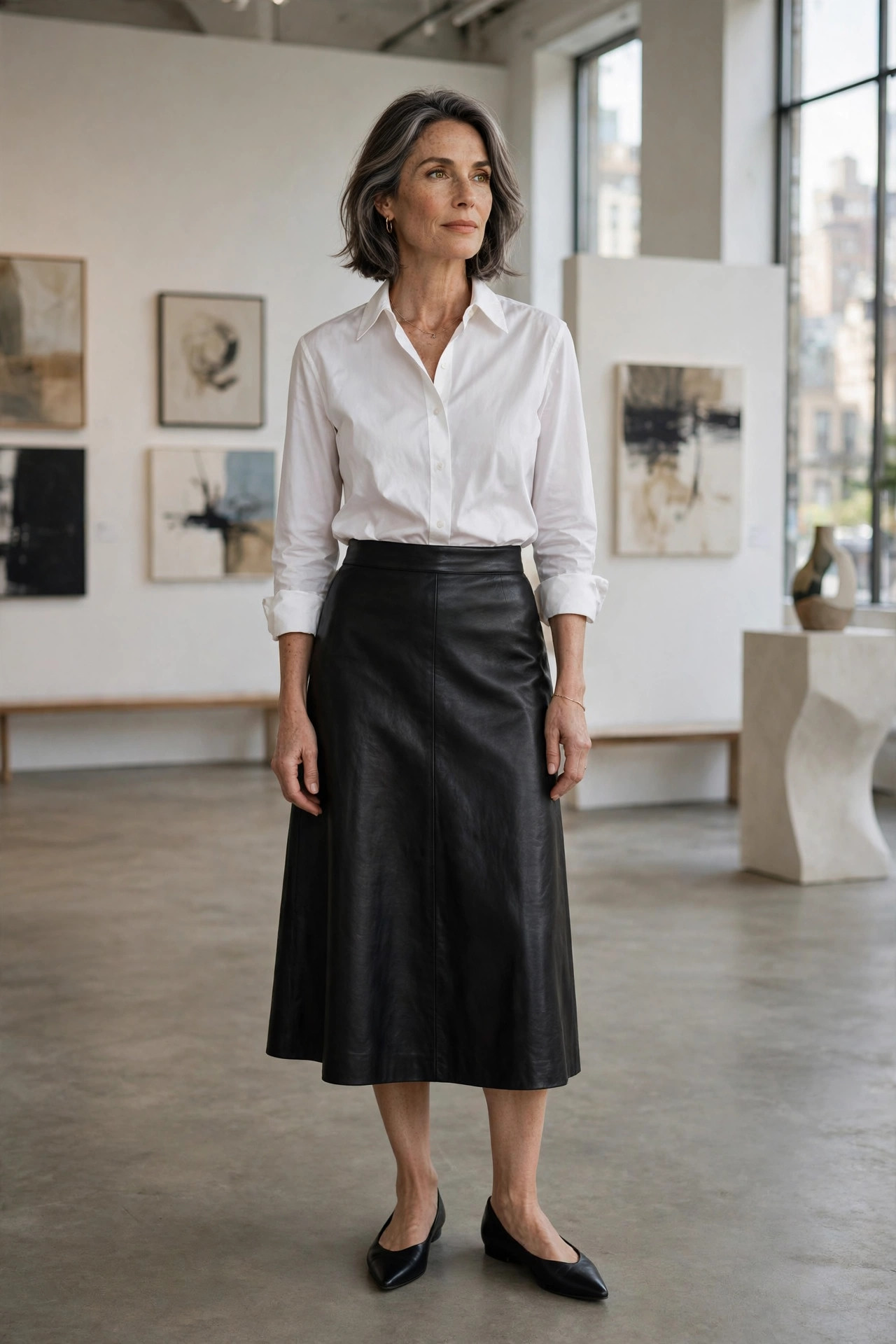 Woman over 50 in a white shirt tucked into a black leather midi skirt at an art gallery