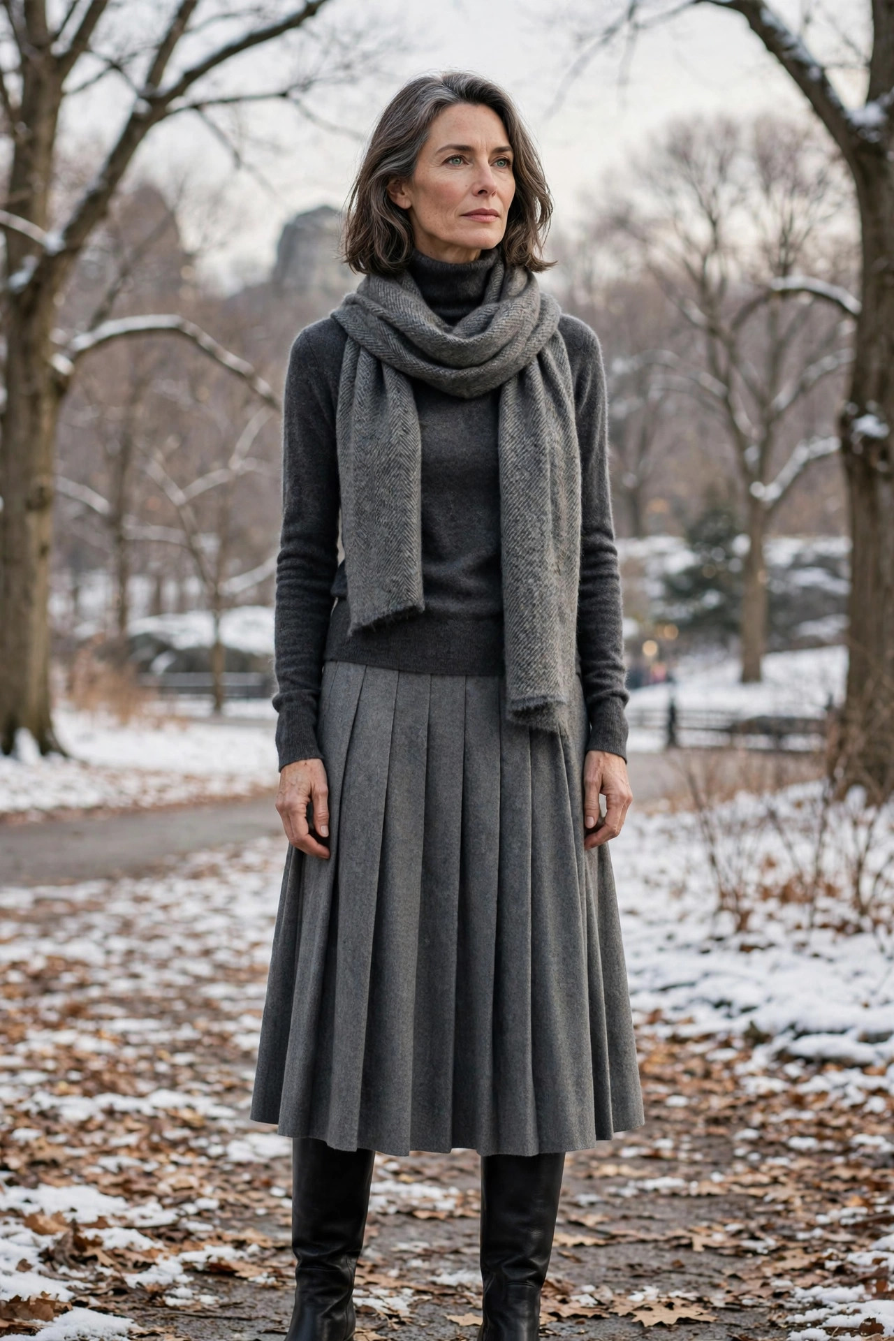 Woman over 50 in grey cashmere turtleneck and pleated midi skirt with knee-high boots in winter