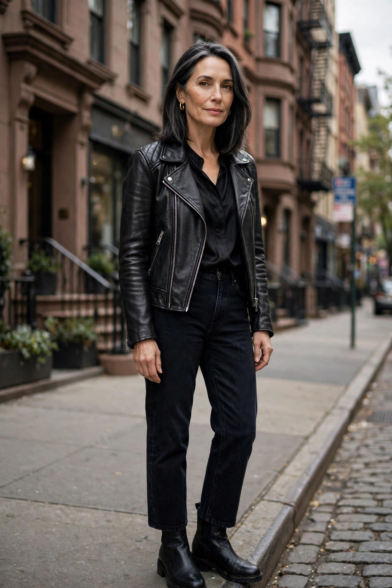 Woman over 50 wearing a black leather moto jacket with black tee and dark jeans downtown