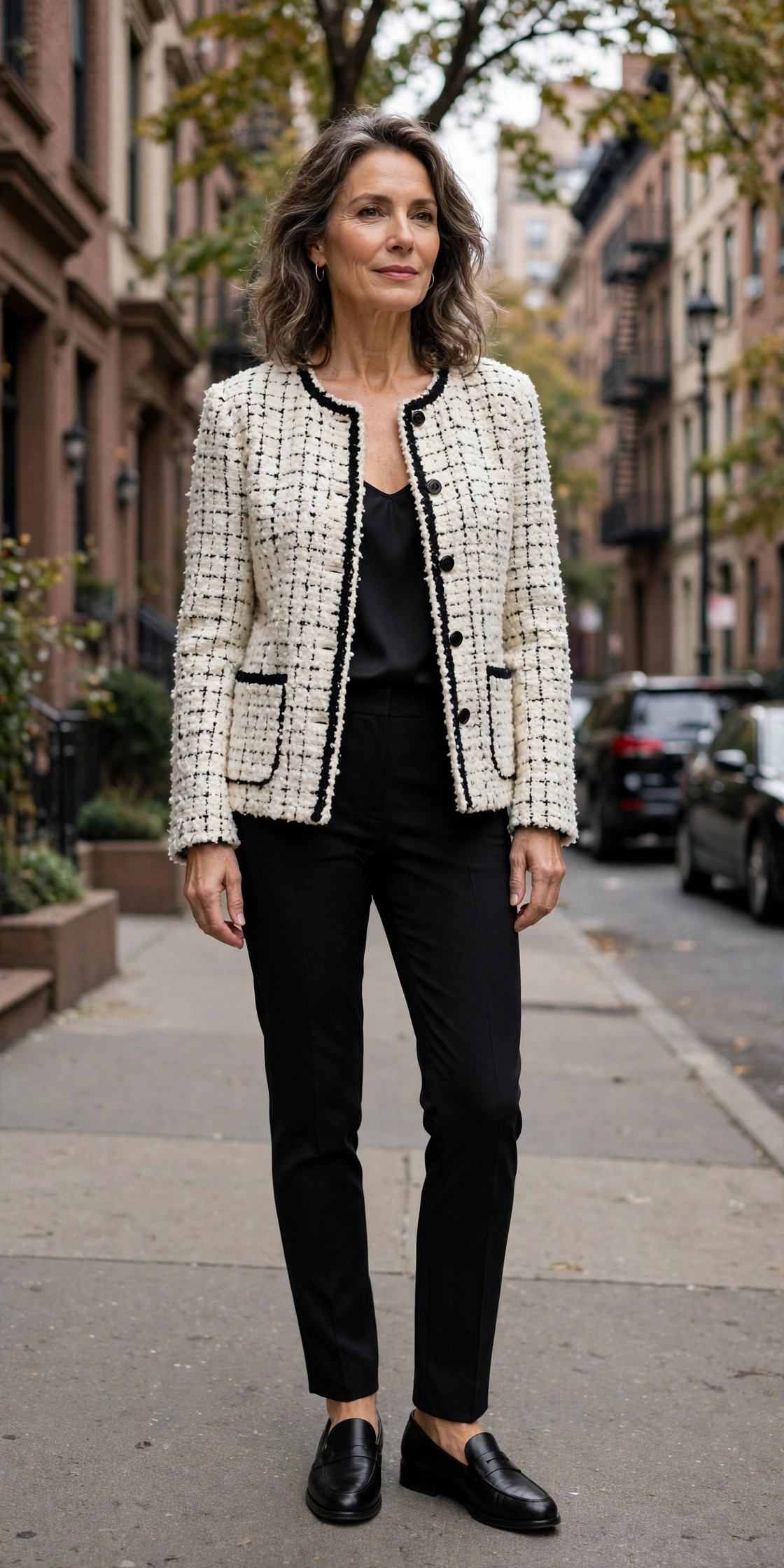 Woman over 50 in an ivory-black boucle jacket with black trousers and loafers uptown