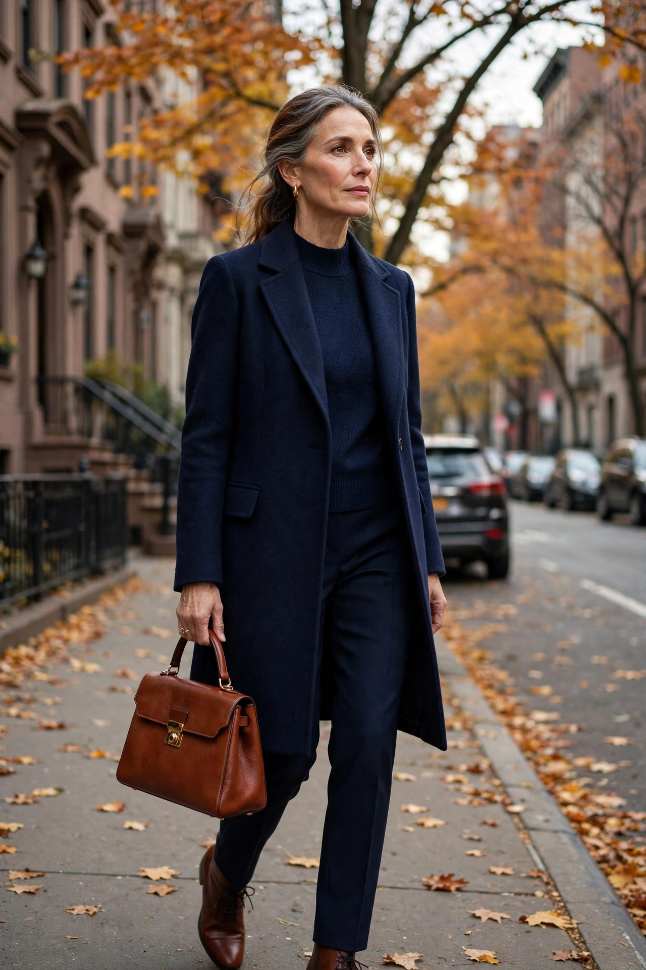 Woman over 50 in navy wool coat and navy layers with brown boots and cognac bag