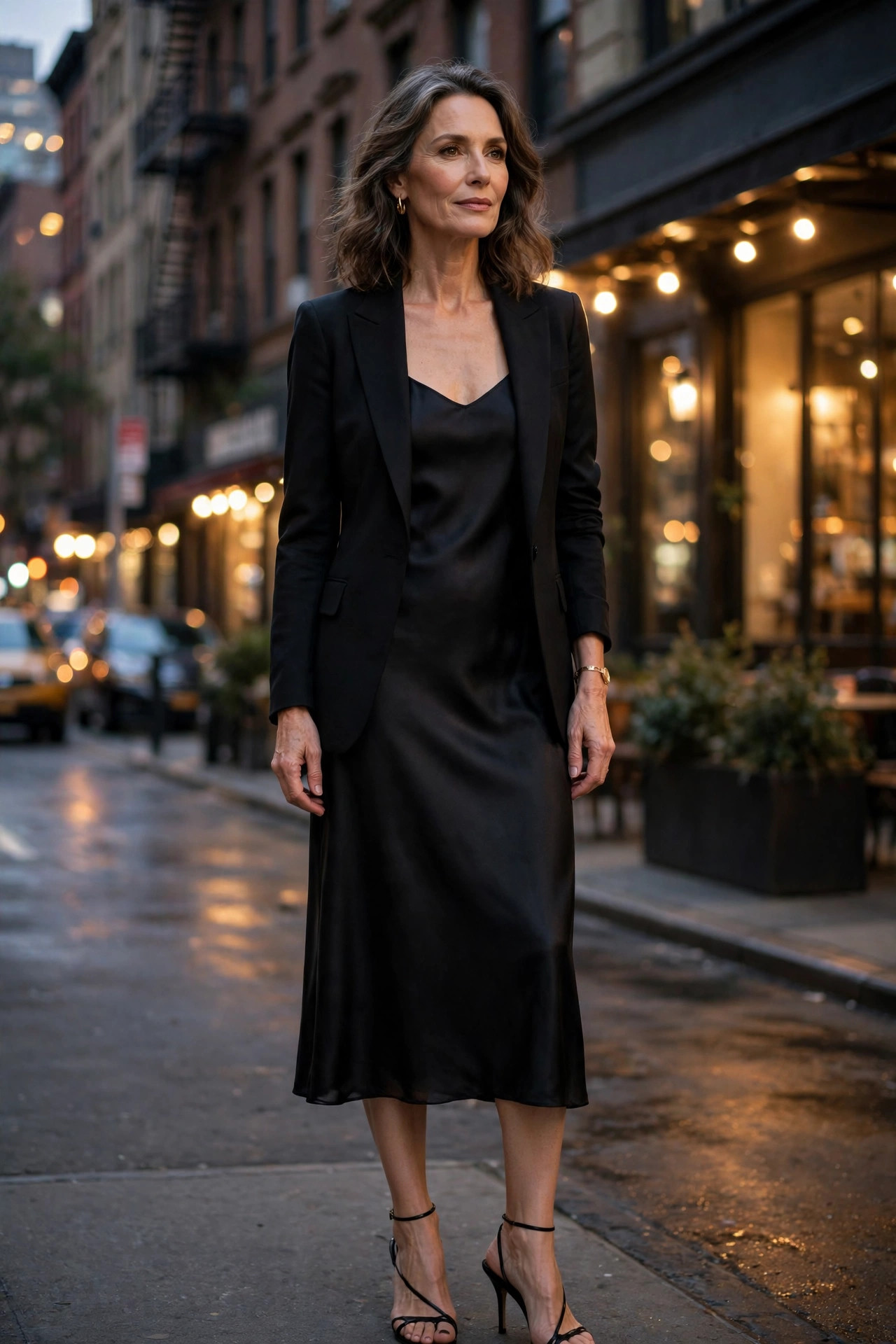 Woman over 50 in a black silk slip dress with tailored blazer and strappy heels at night