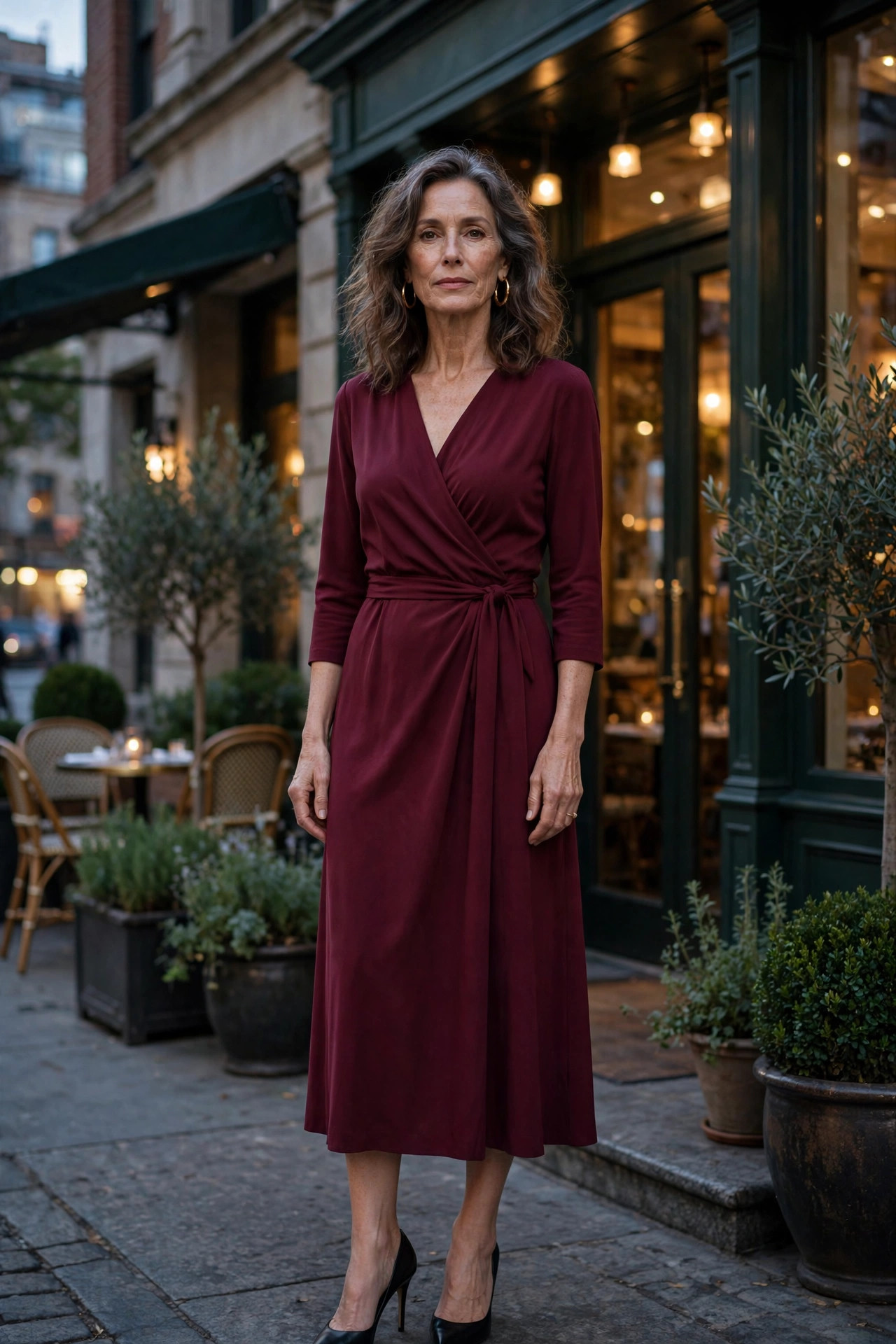 Woman over 50 wearing a burgundy wrap midi dress with black heels outside a restaurant