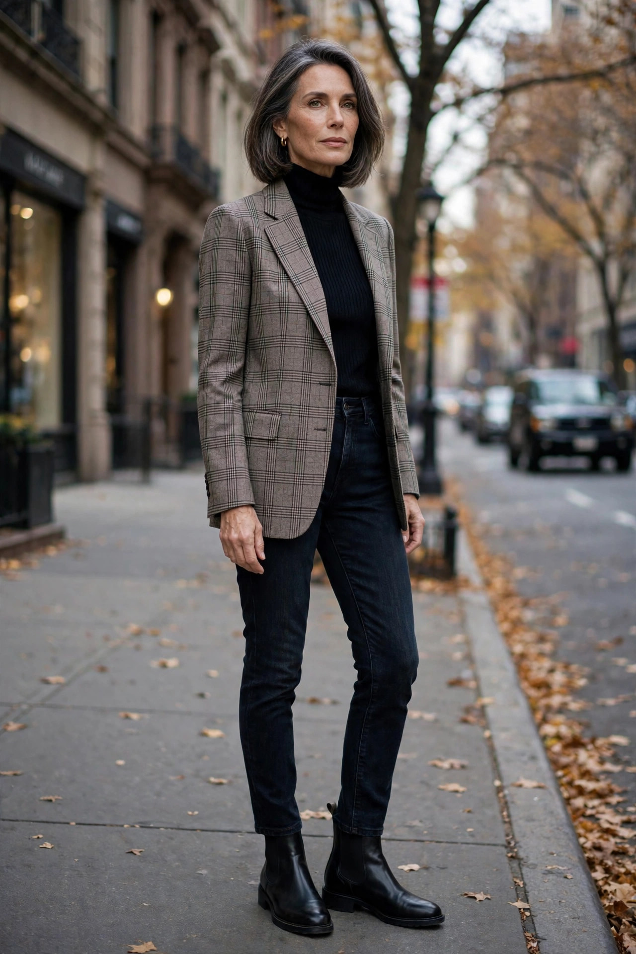 Woman over 50 in a windowpane plaid blazer with black turtleneck and jeans in Manhattan