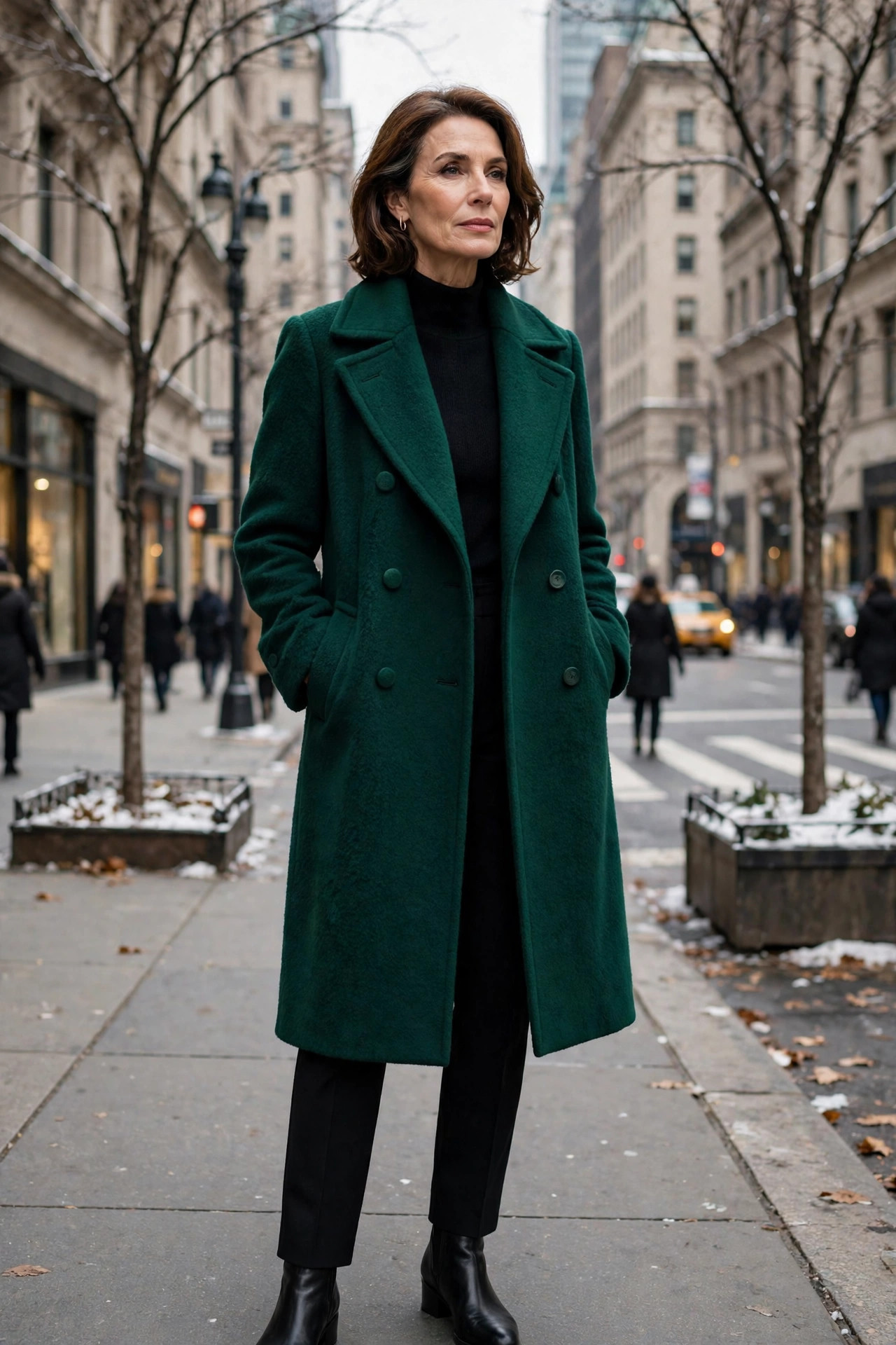 Woman over 50 in an emerald wool coat over a black outfit on a winter avenue in New York