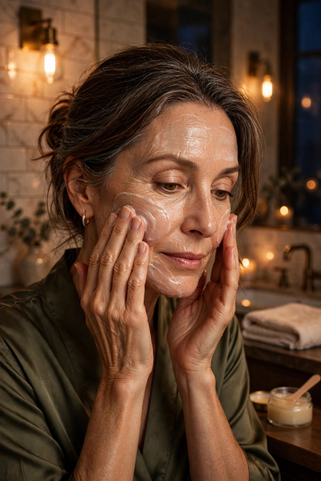 A woman in her 50s massaging cleansing balm onto her face at night