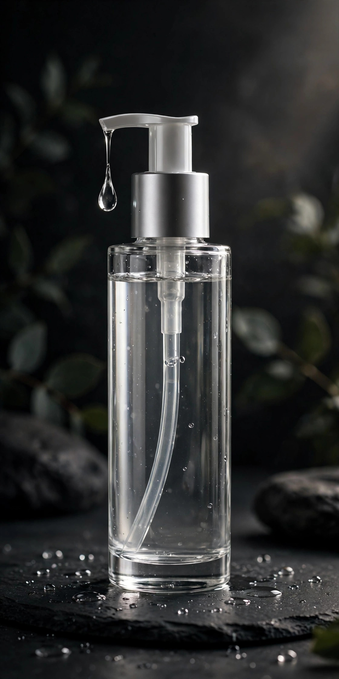 Unbranded pump bottle of gentle lactic acid exfoliating serum on dark background