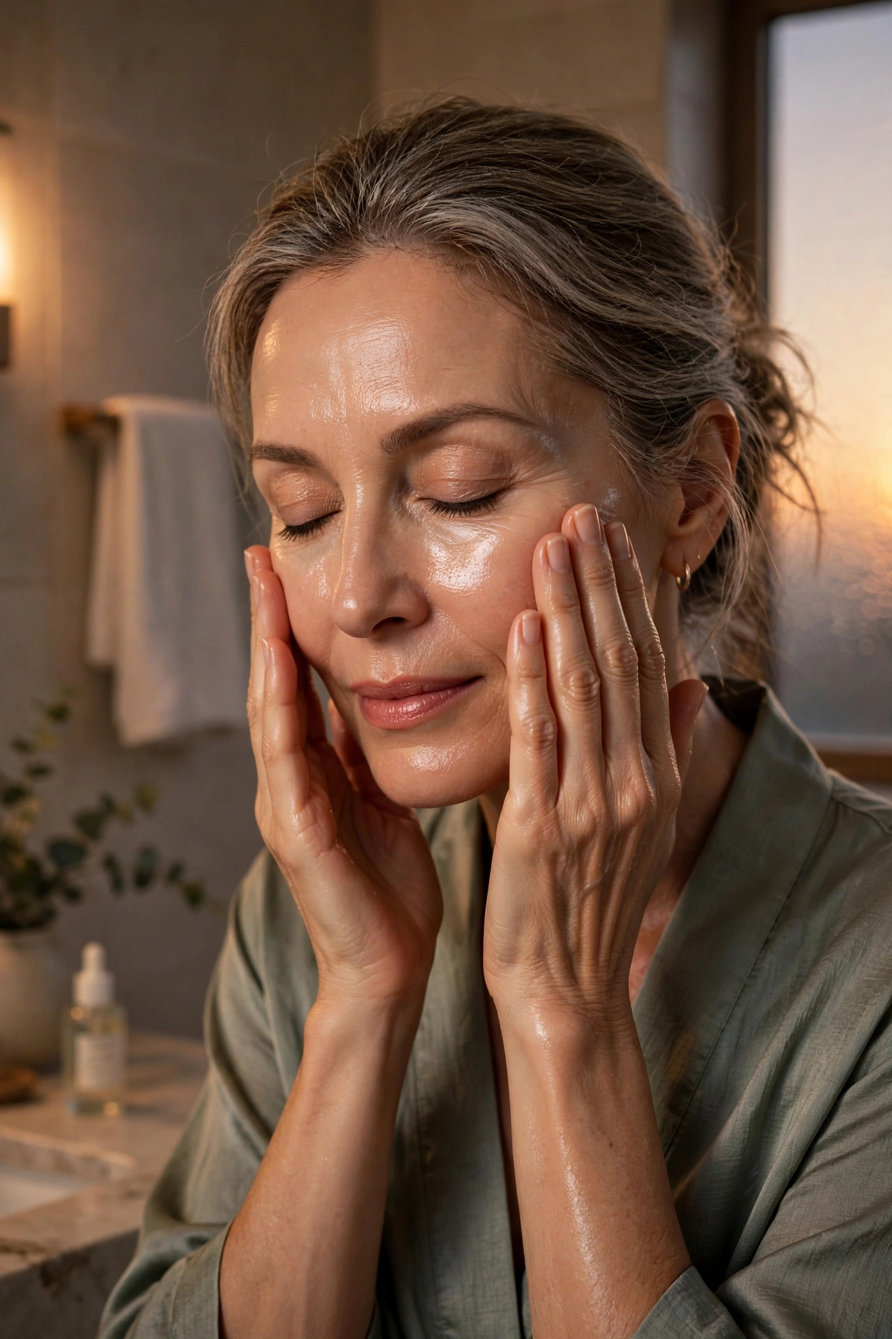 A woman in her 50s pressing hydrating toner onto her face with palms at night