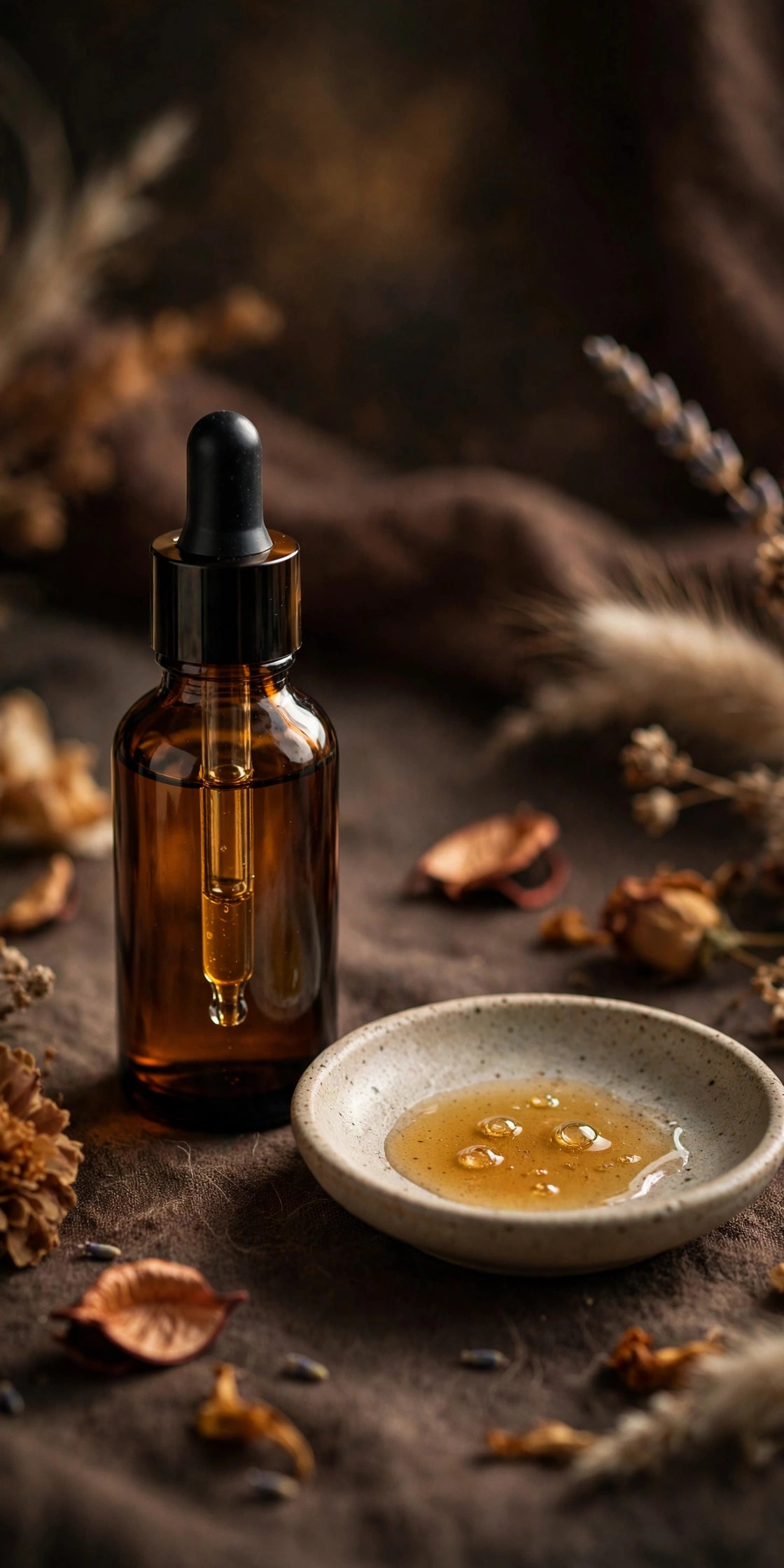 Unbranded amber dropper bottle of peptide night serum on a moody background
