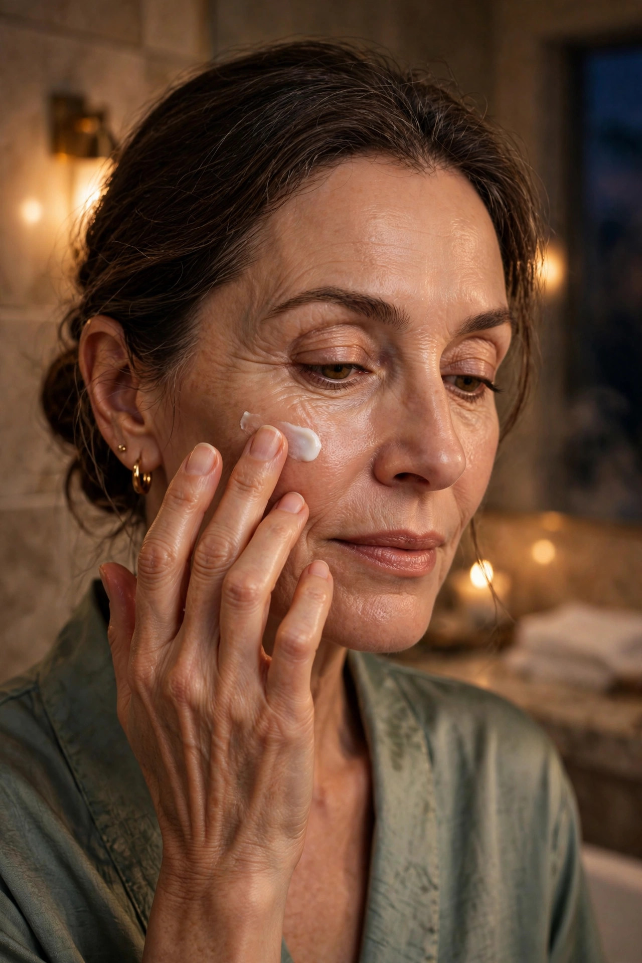 A woman in her 50s smoothing a pea-sized amount of retinol cream onto her cheek