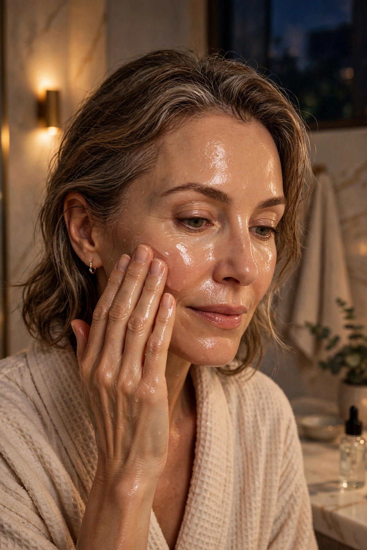 A woman in her 50s patting hyaluronic serum onto her damp face at night