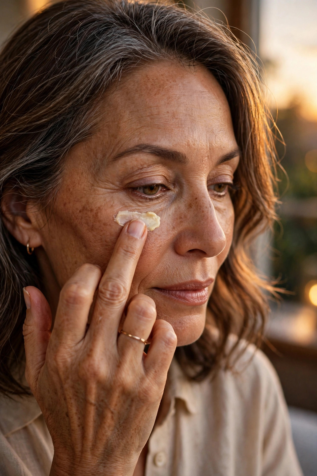 A woman in her 50s dabbing rich night eye cream under her eyes