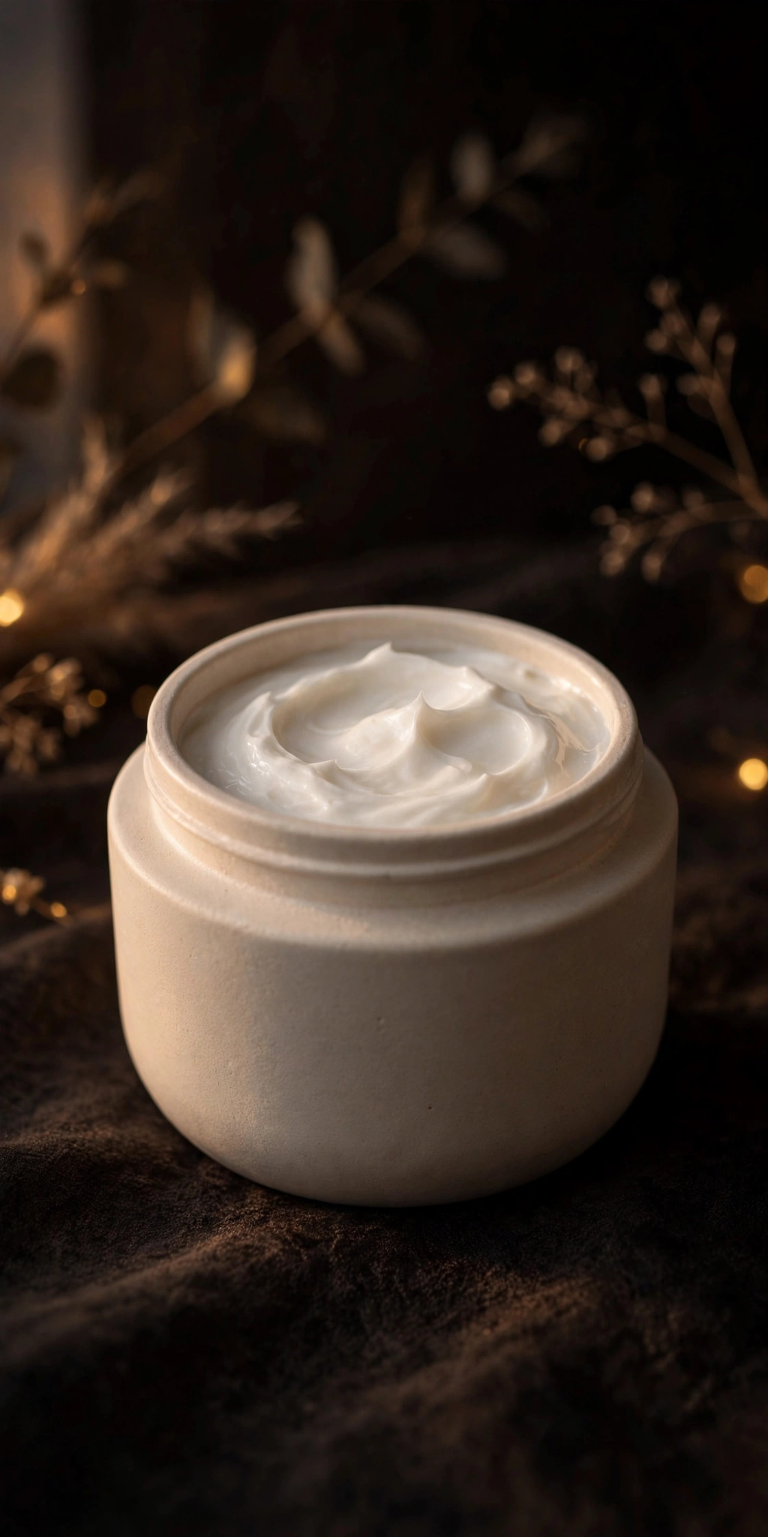 Open ceramic jar of rich white night moisturizer cream on a dark background