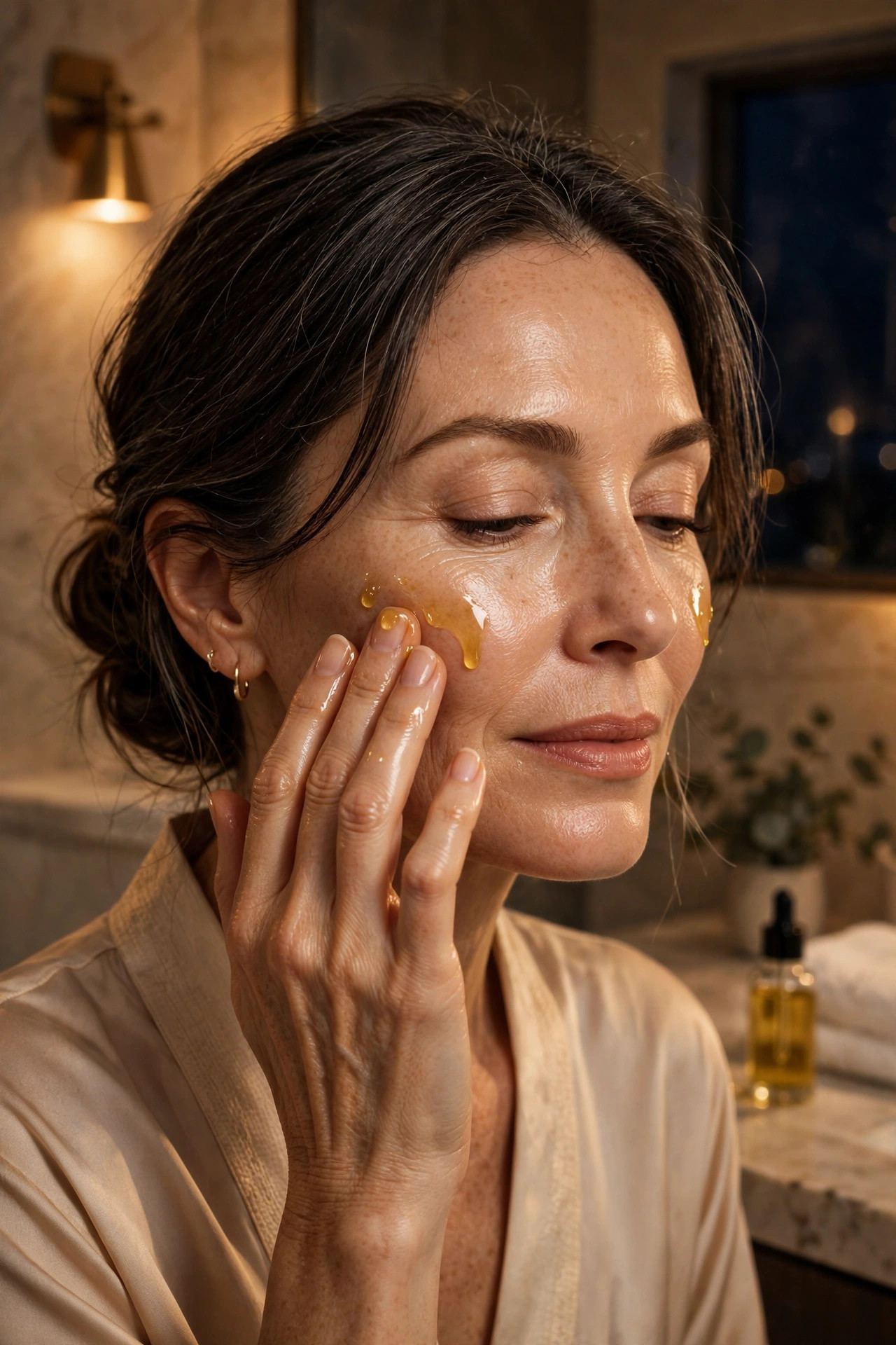 A woman in her 50s pressing golden facial oil drops onto her cheeks at night