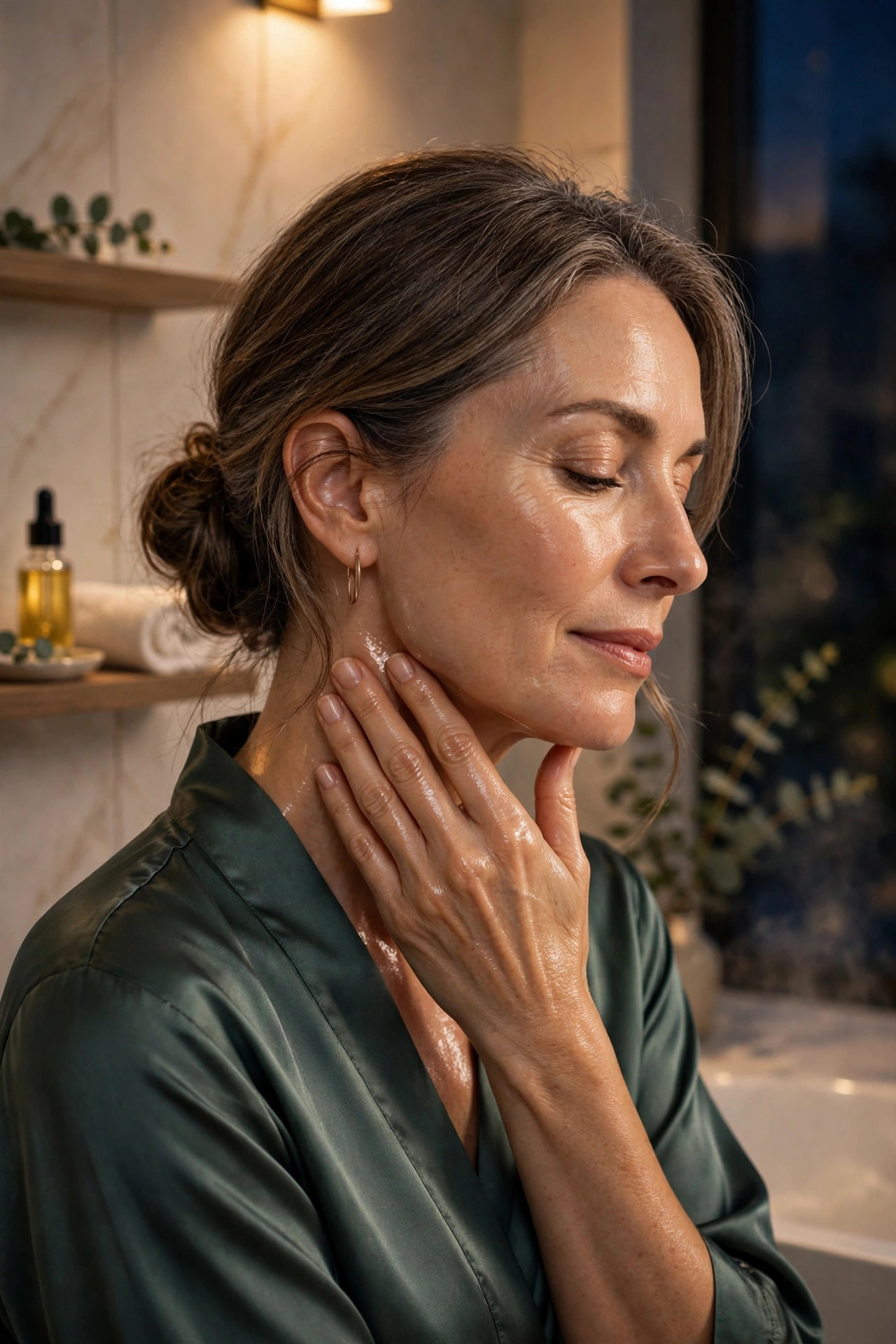 A woman in her 50s massaging facial oil into her neck and jawline at night