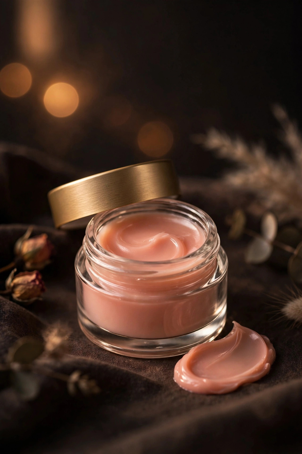 Small unbranded glass jar of overnight lip mask balm on a dark background
