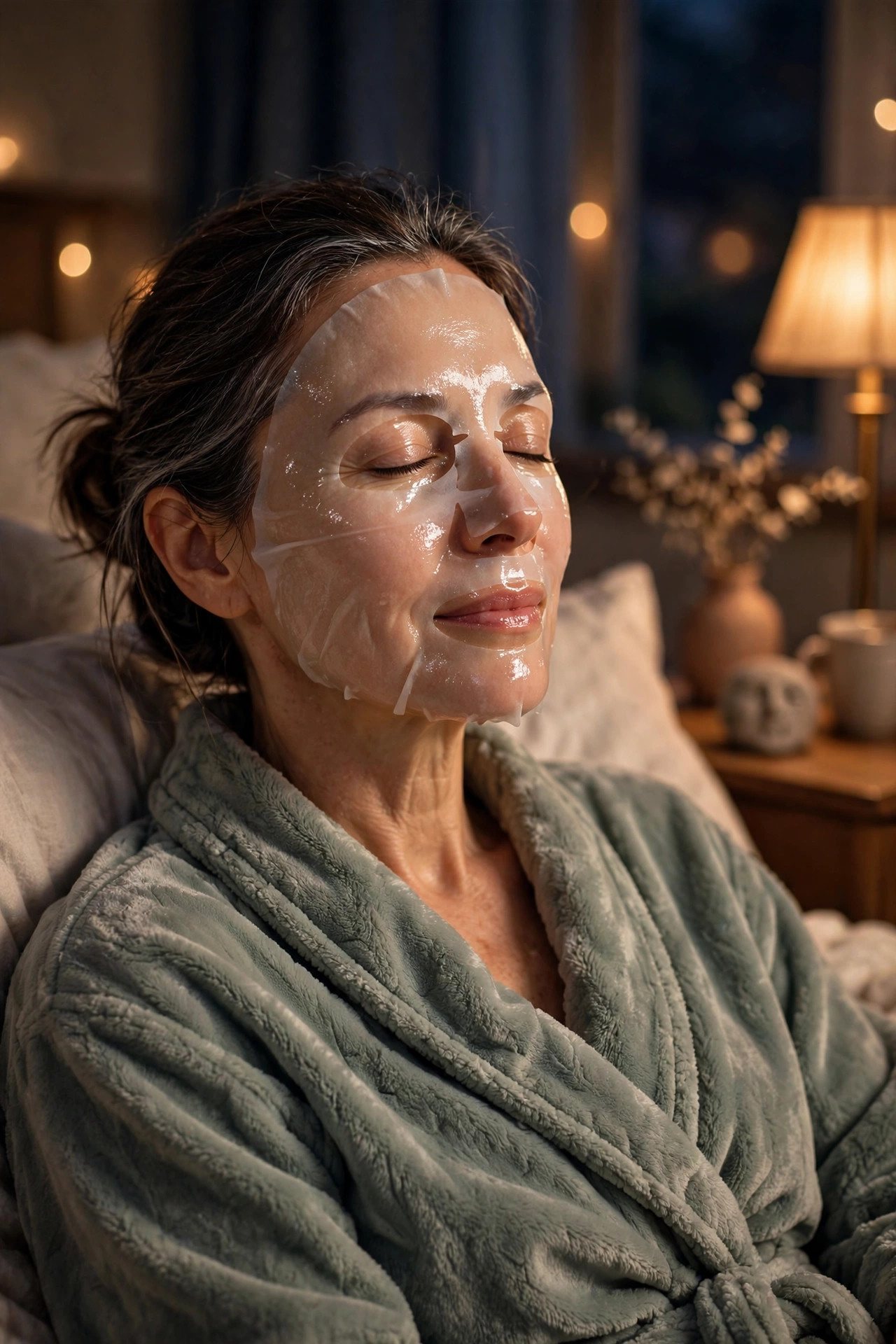 A woman in her 50s relaxing with a hydrating sheet mask at night
