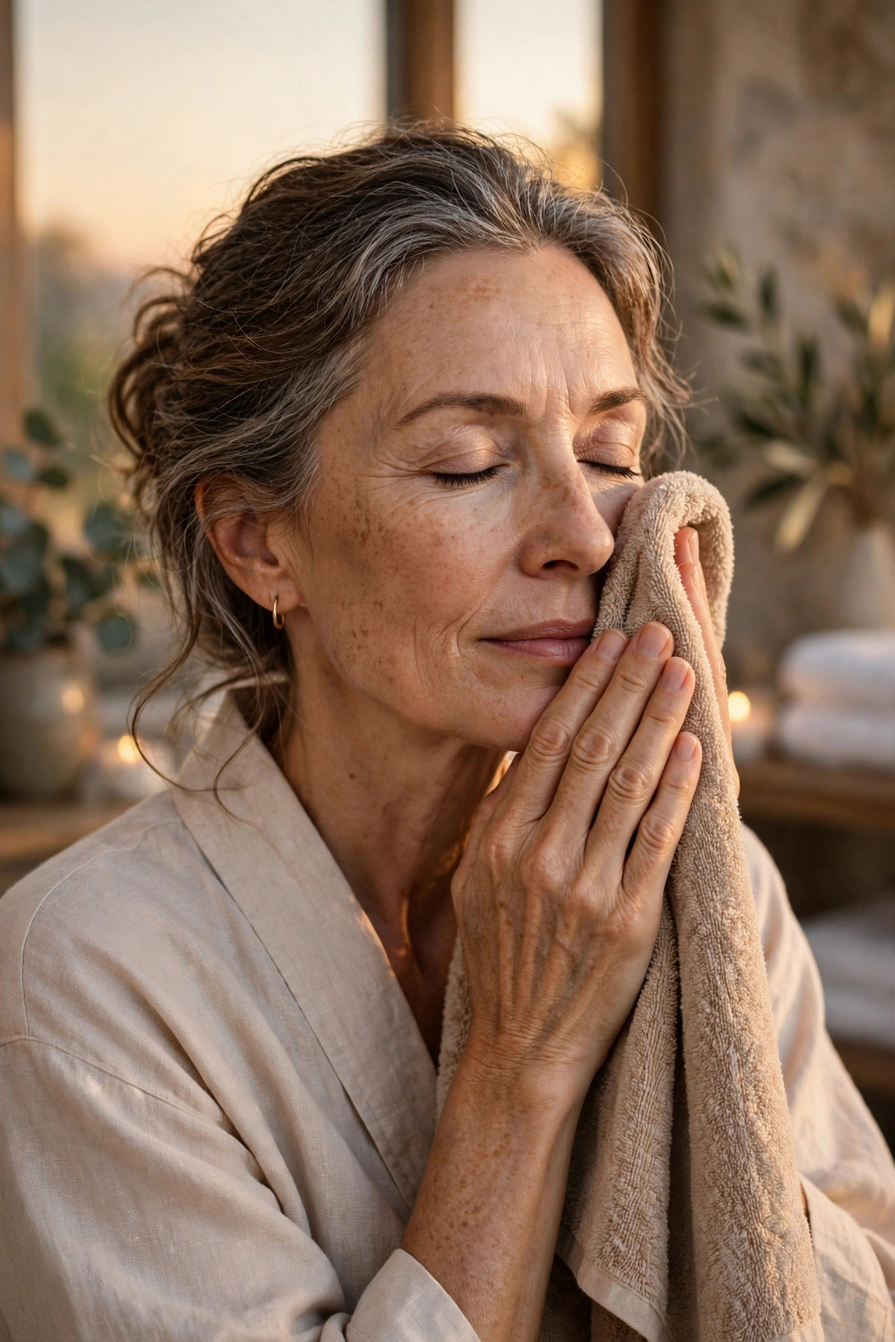 A woman in her 50s holding a warm damp towel against her face with eyes closed