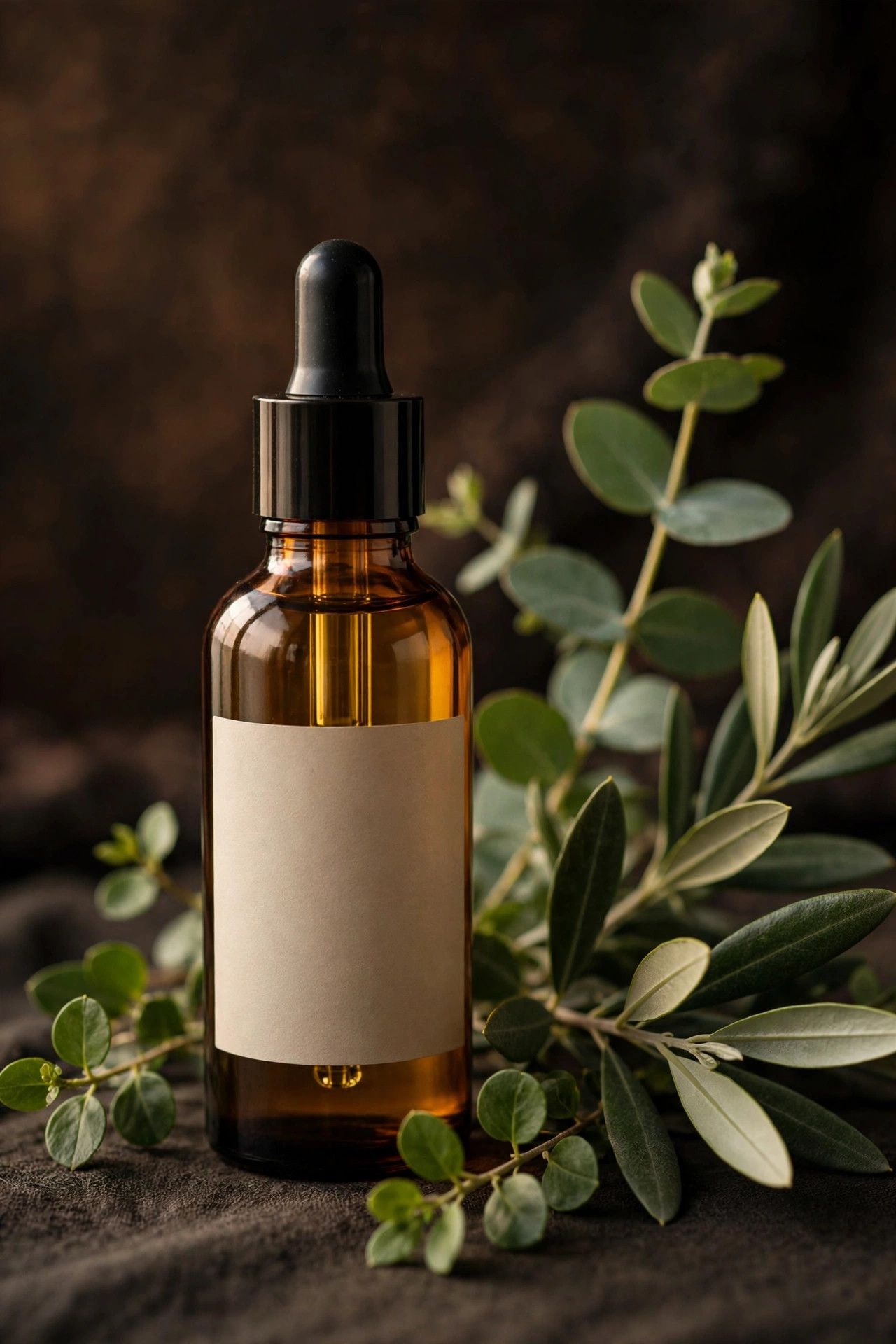 Unbranded amber glass bottle of bakuchiol facial oil beside green botanical leaves