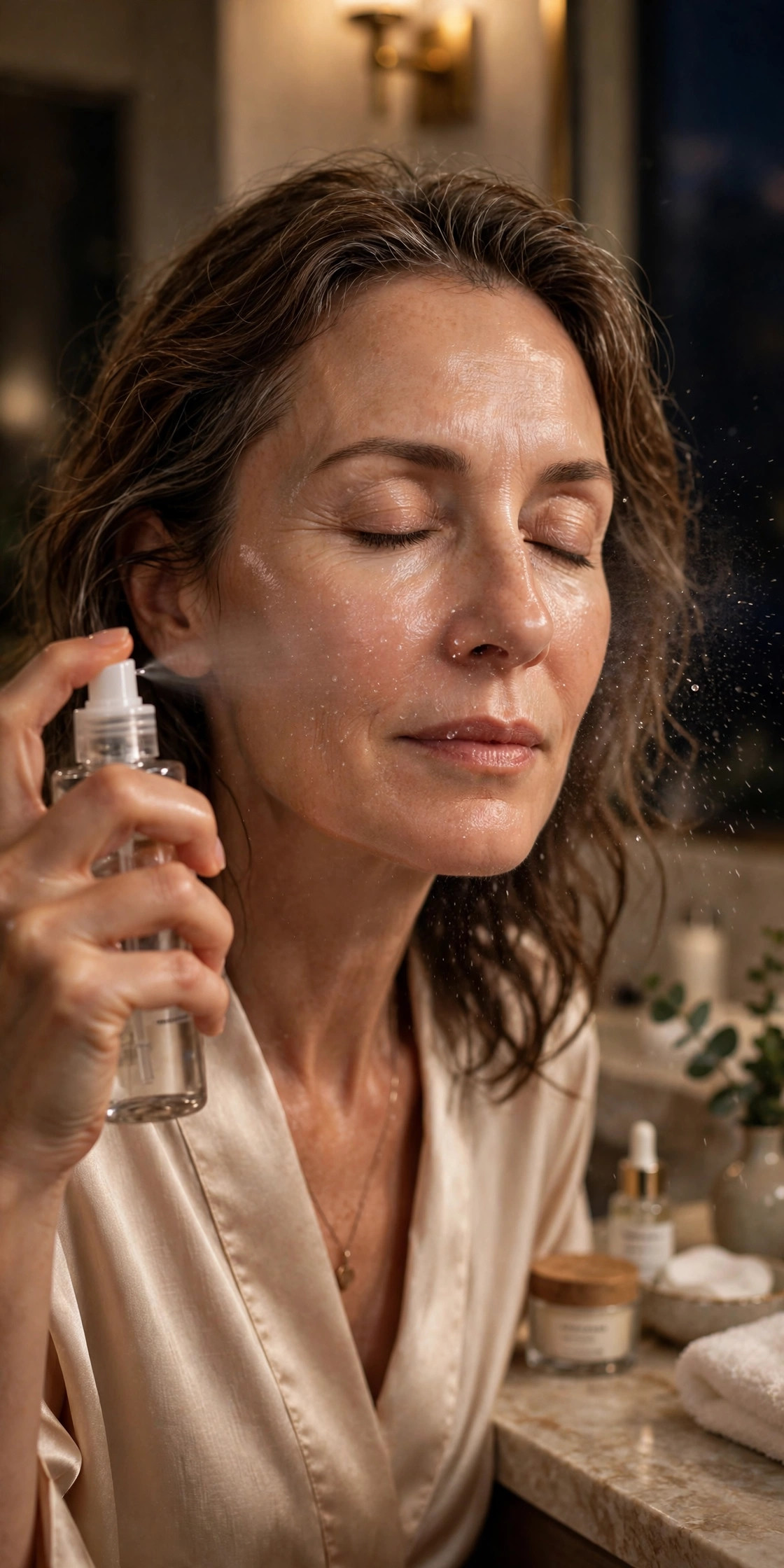 A woman in her 50s spritzing hydrating mist onto her face between skincare layers
