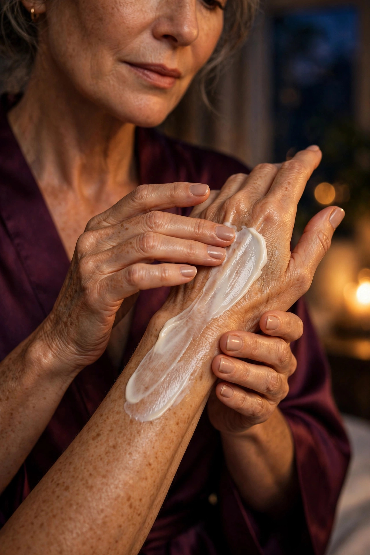 A woman in her 50s smoothing rich cream onto the backs of her hands and forearms