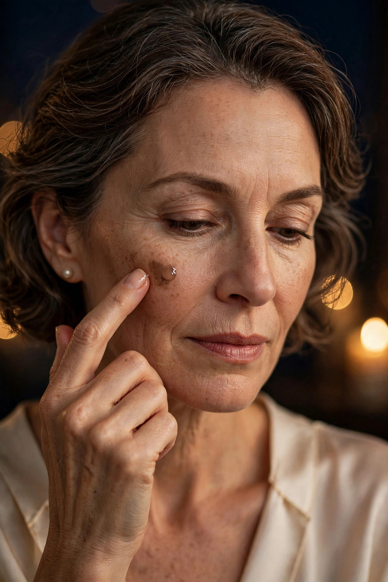Close-up of a woman in her 50s dabbing brightening serum onto a dark spot on her cheek