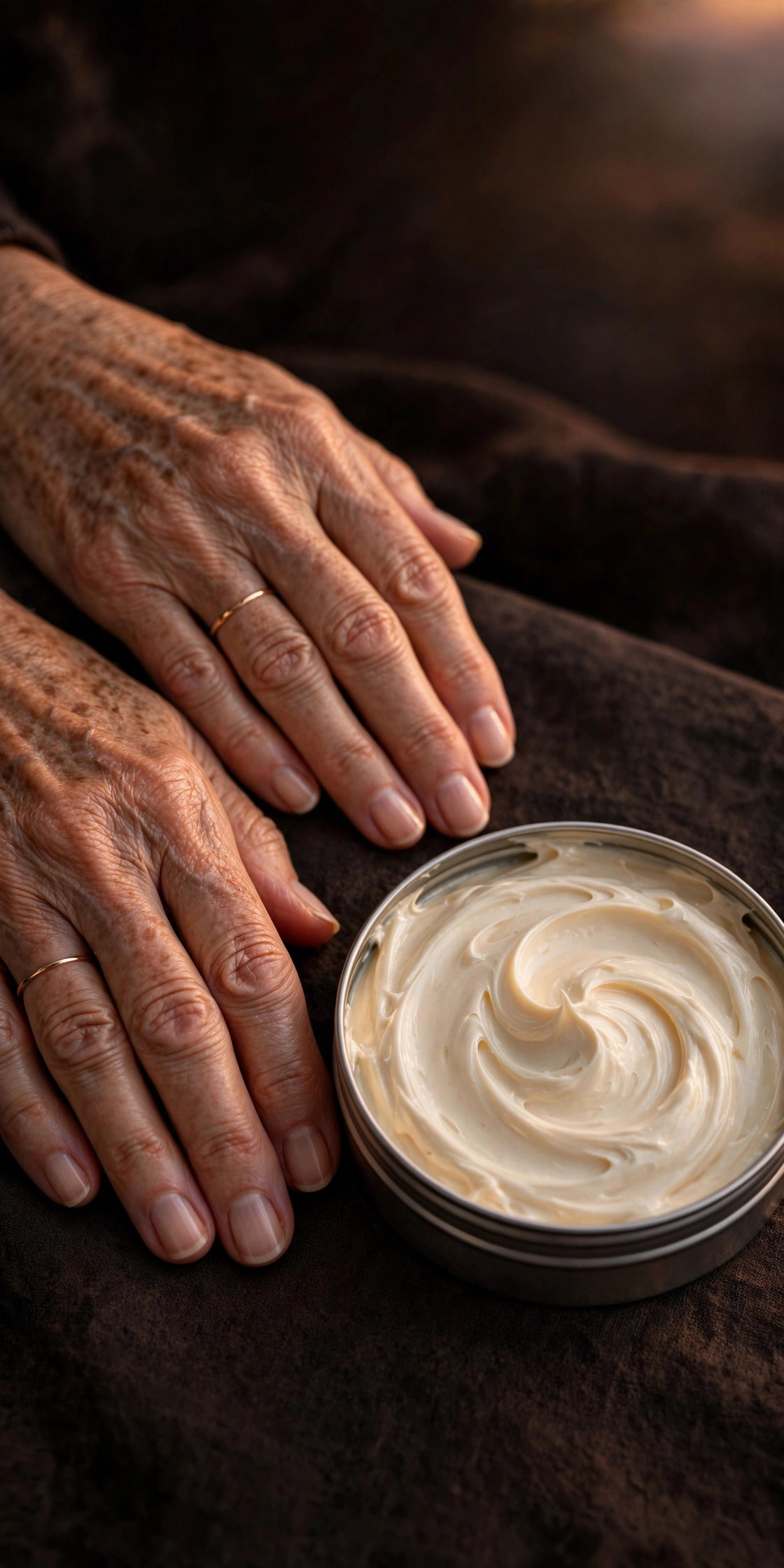 Open tin of rich hand cream with swirled texture beside a mature woman's hands