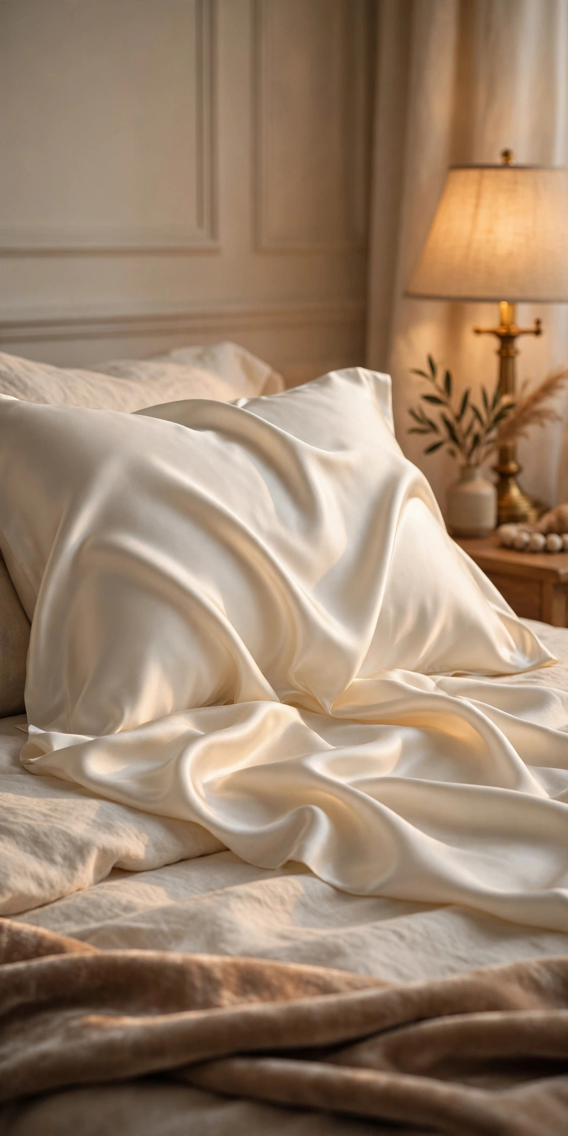 Elegant ivory silk pillowcase on a bed catching warm lamplight