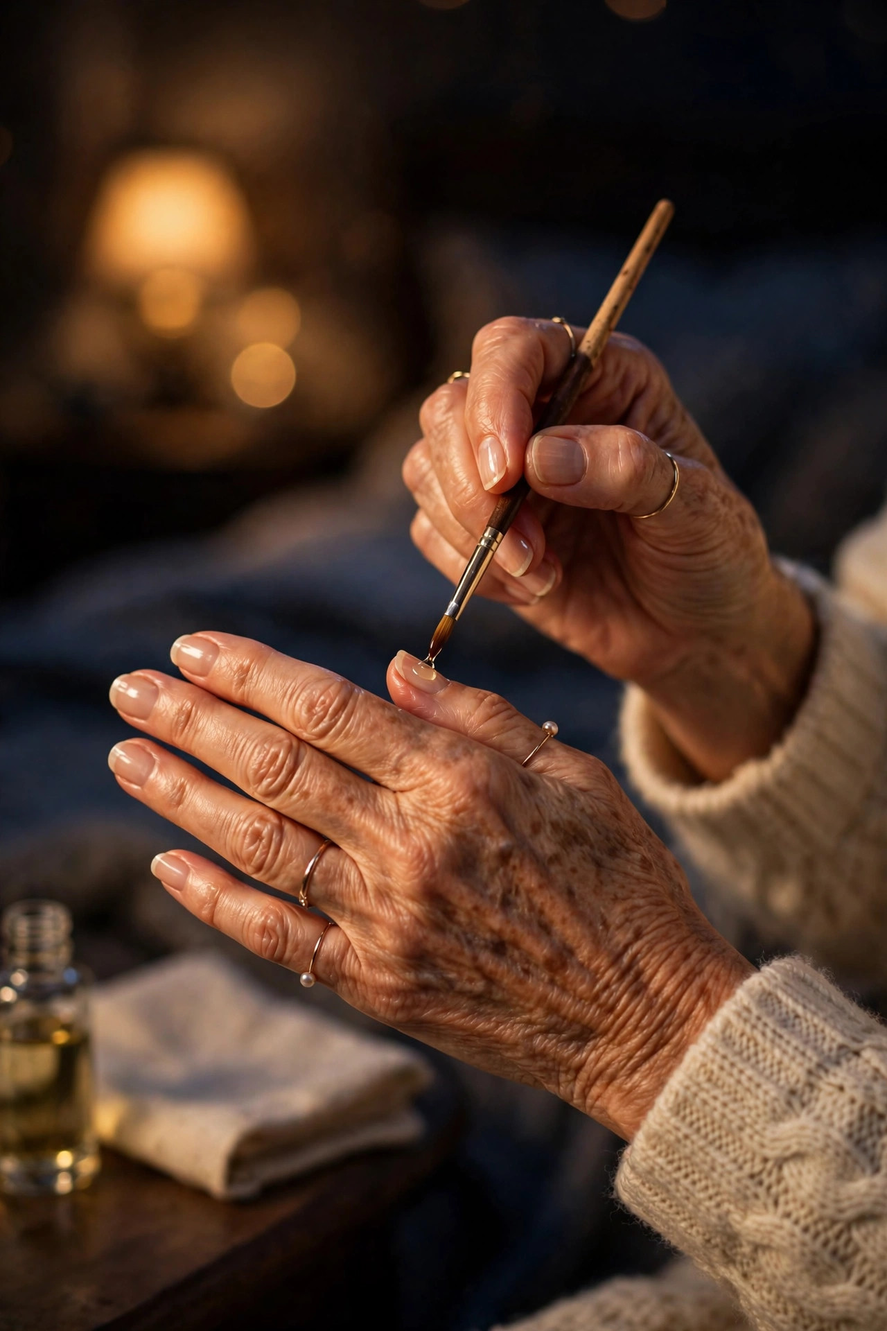 Close-up of a mature woman's hands applying cuticle oil to fingernails with a brush