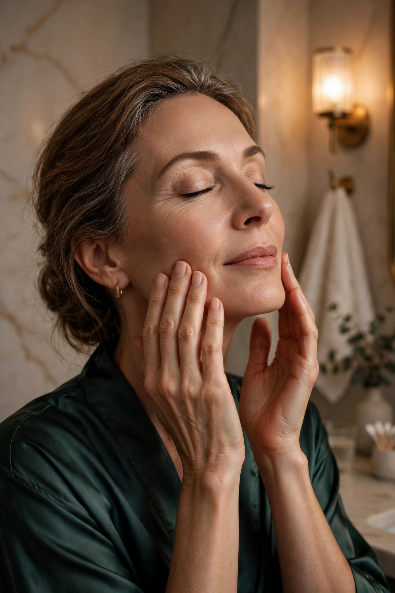 A woman in her 50s giving herself a gentle upward facial massage with fingertips