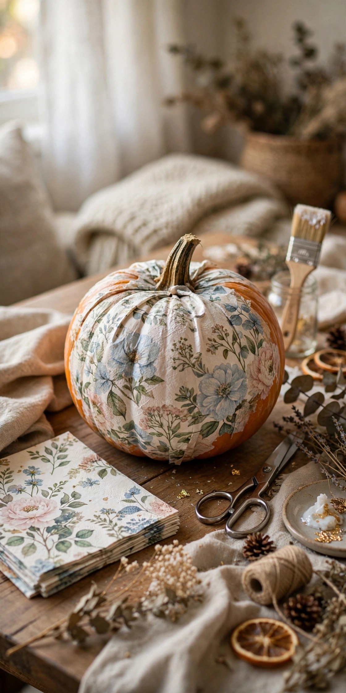 Pumpkin decorated with floral napkin decoupage for no-carve Halloween craft