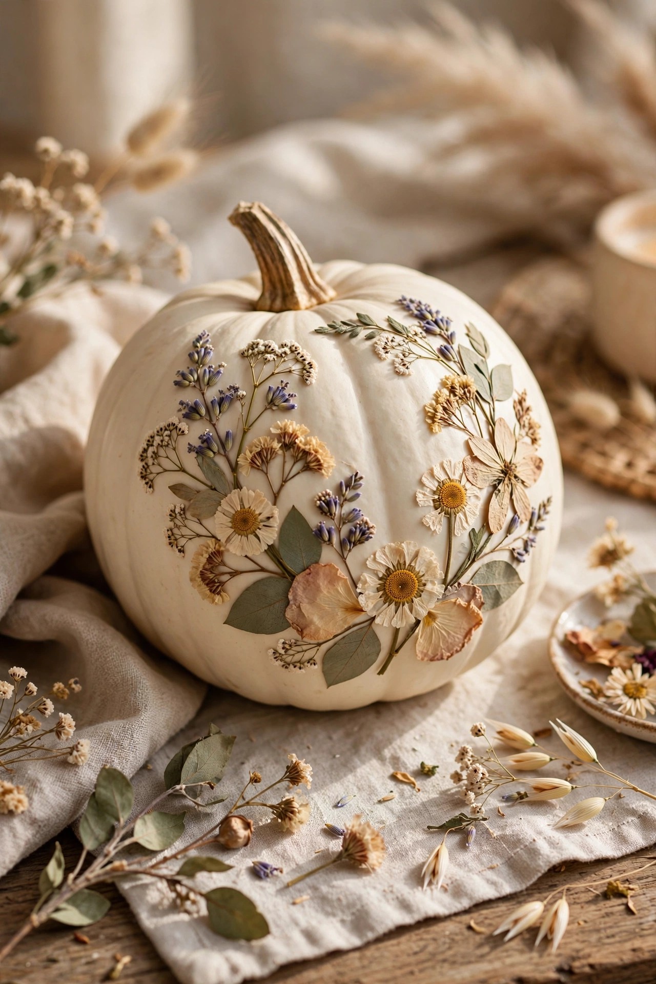 White pumpkin decorated with pressed dried flowers no-carve idea
