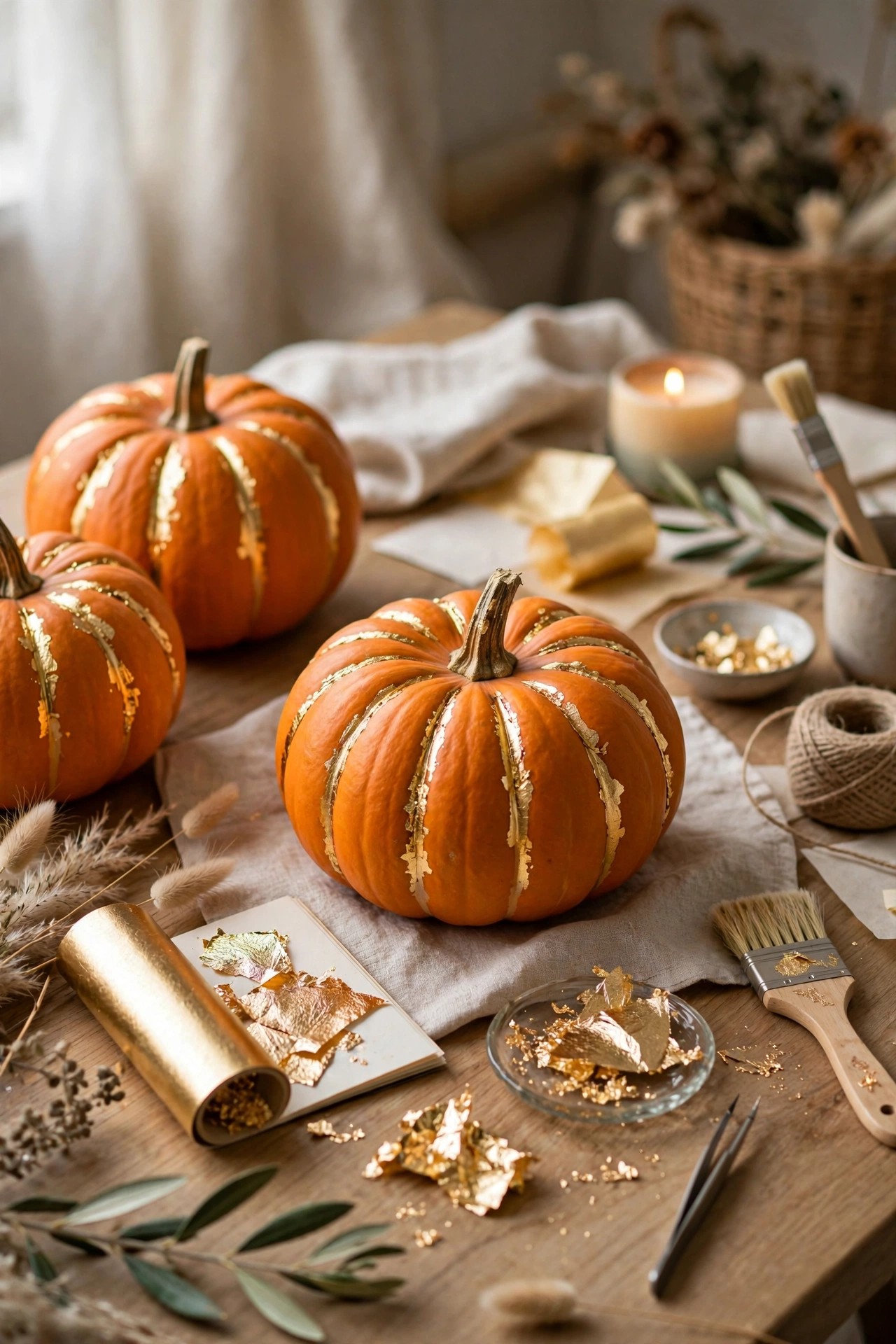 Pumpkins with gold leaf accents for elegant no-carve Halloween decor