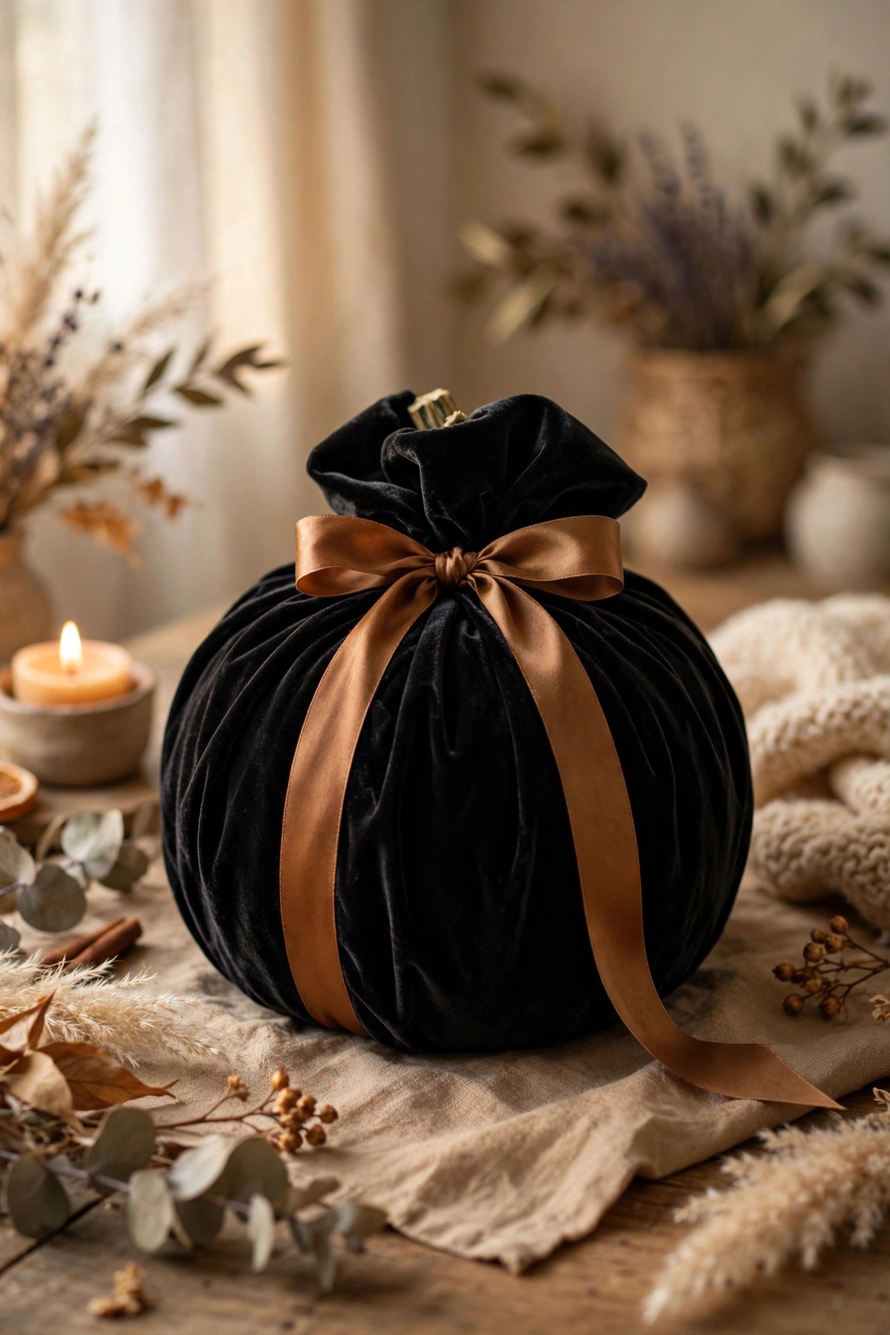 Pumpkin wrapped in black velvet fabric for elegant no-carve Halloween decor
