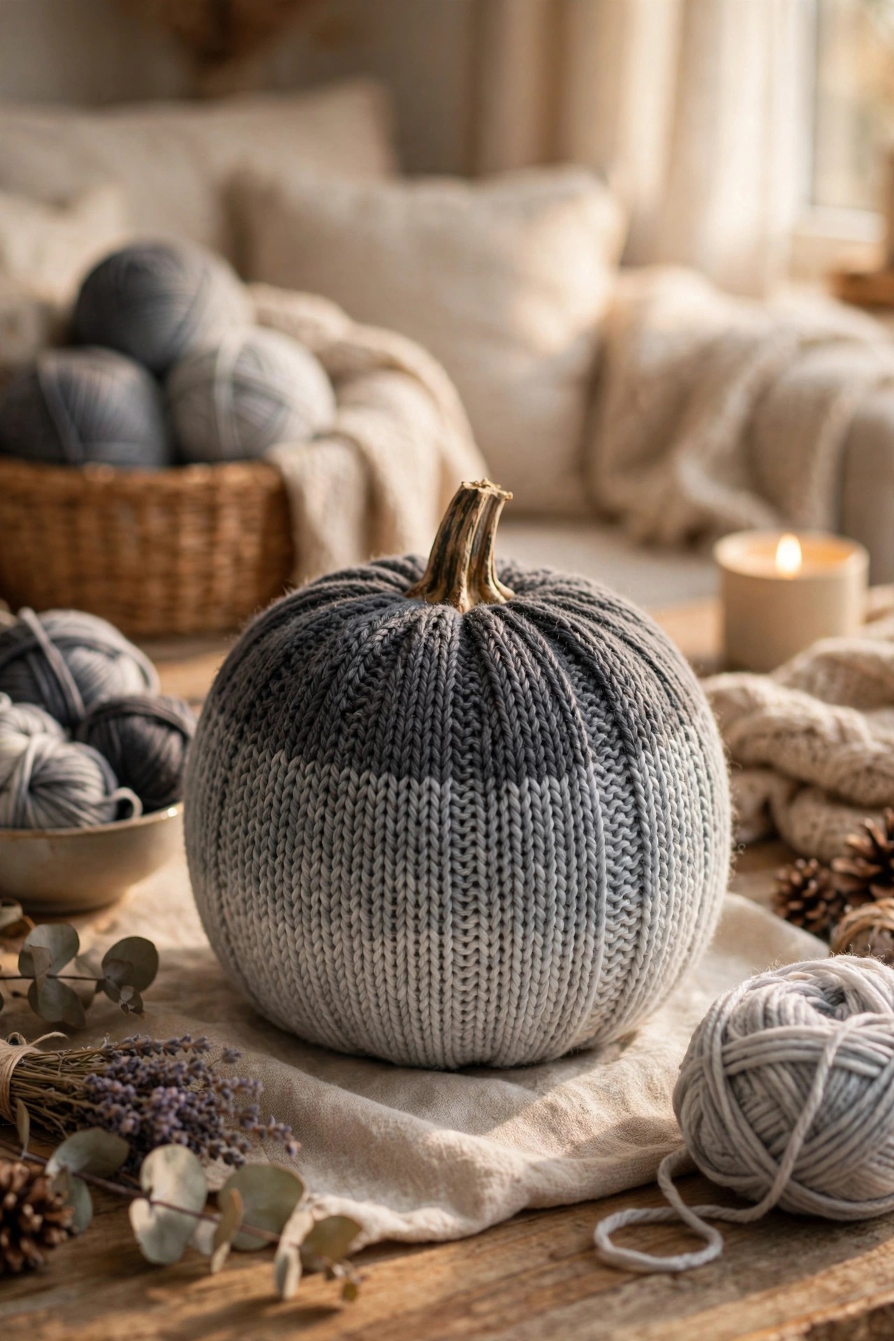 Pumpkin wrapped in ombre yarn from dark to light for no-carve craft