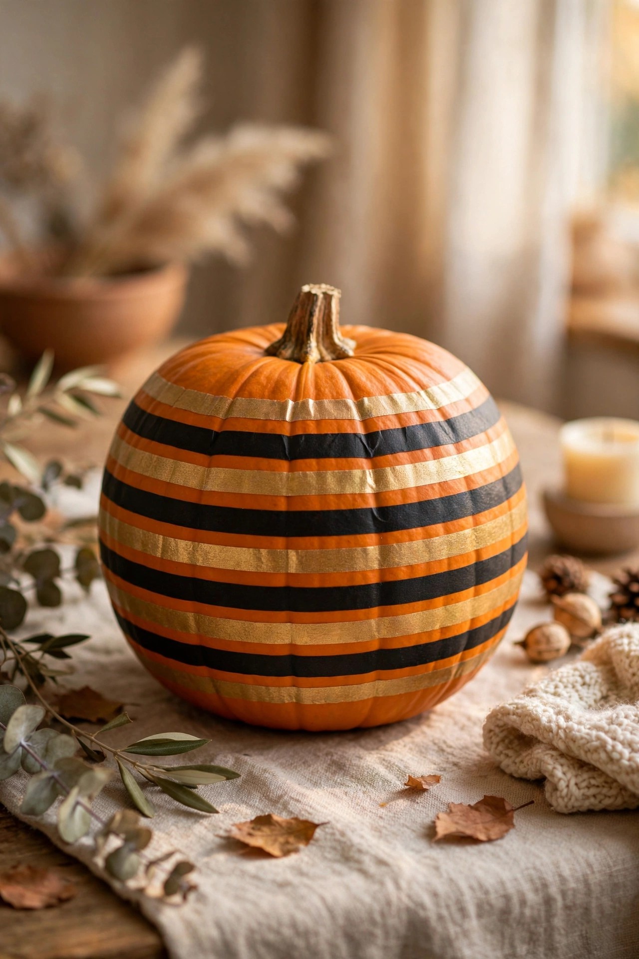 Pumpkin decorated with colorful washi tape stripes no-carve idea