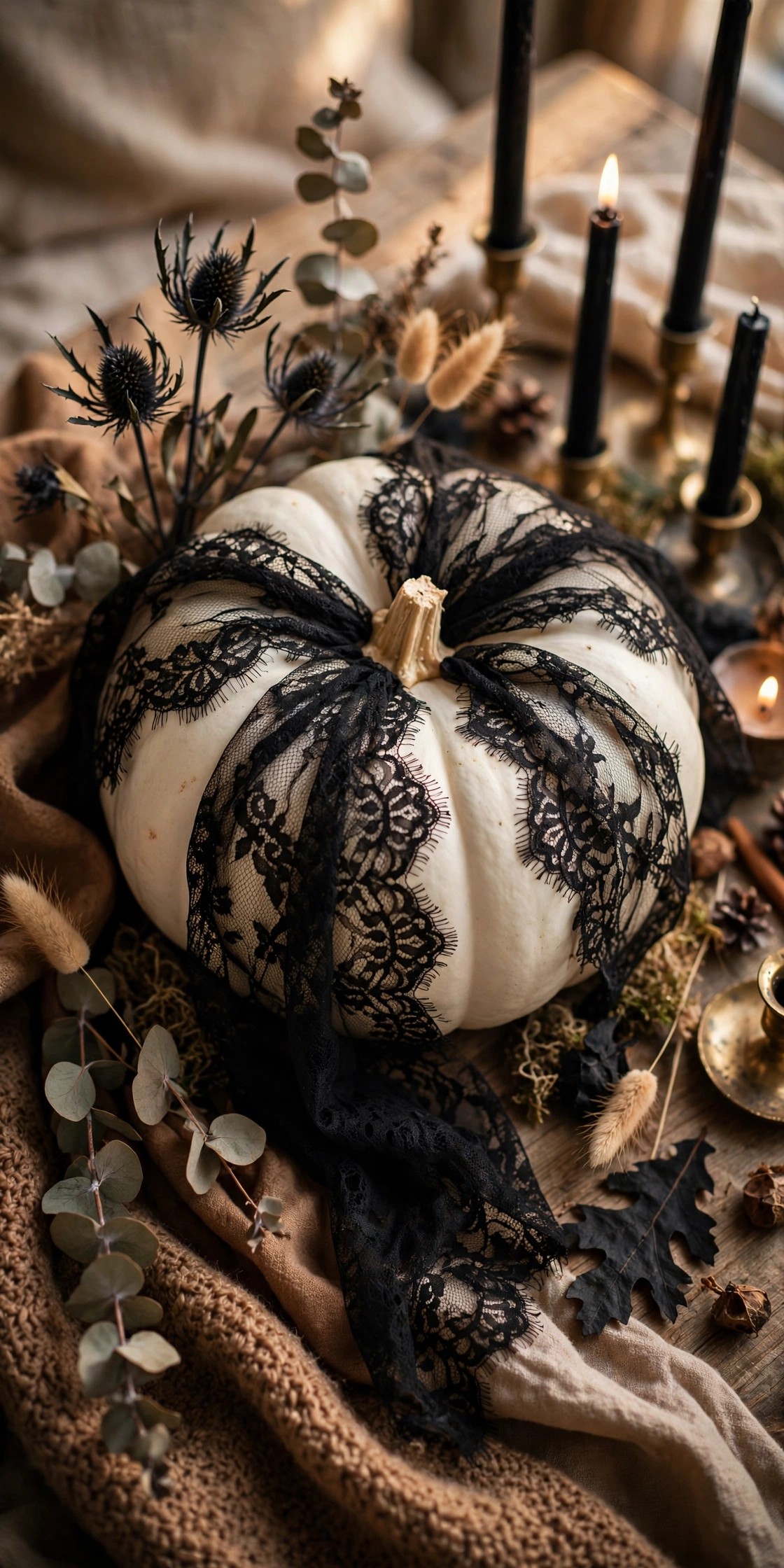 Black pumpkin with white lace overlay for elegant no-carve Halloween
