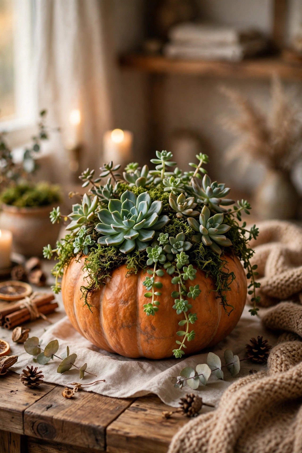 Pumpkin topped with live succulents and moss for no-carve fall decor
