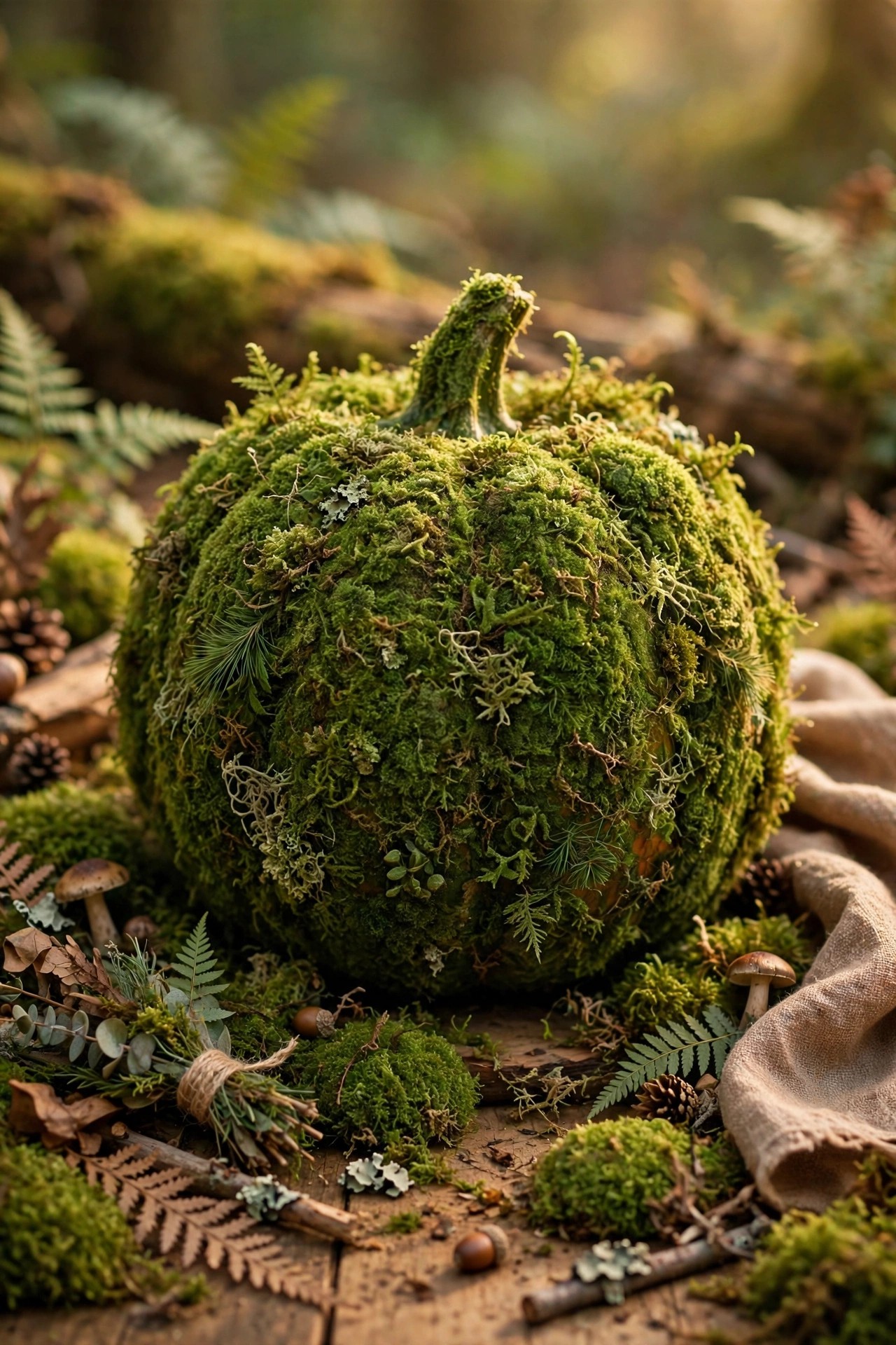Pumpkin completely covered in green moss for woodland no-carve Halloween decor
