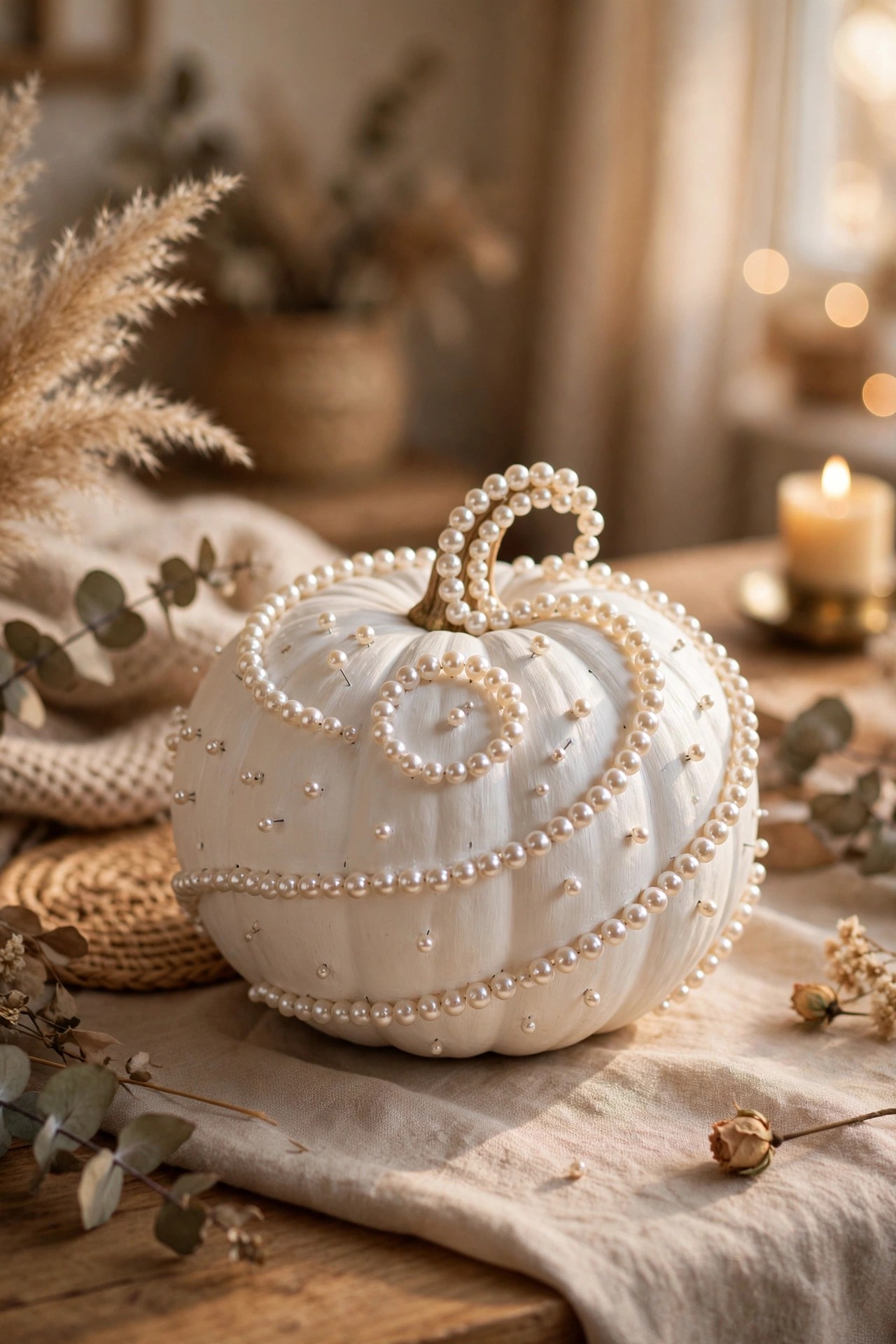 White pumpkin studded with pearls and beads for glam no-carve Halloween
