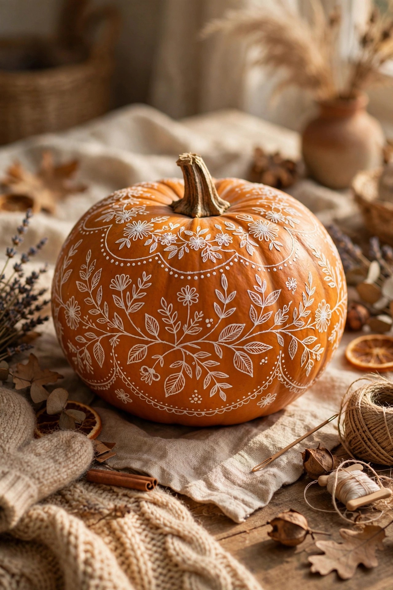 Pumpkin with embroidery-style floral designs drawn in marker no-carve craft