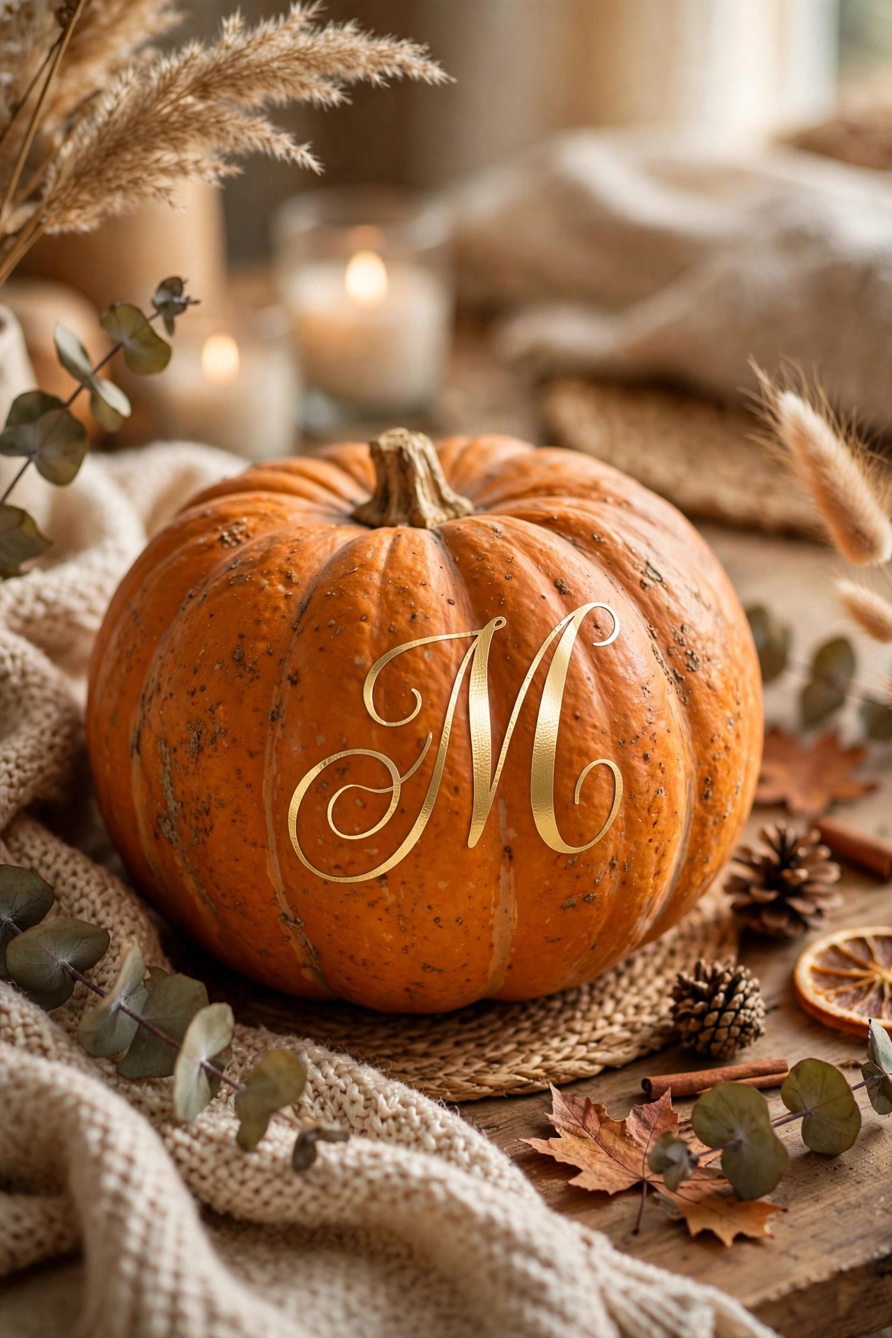 Pumpkin with gold monogram vinyl decal for personalized no-carve Halloween