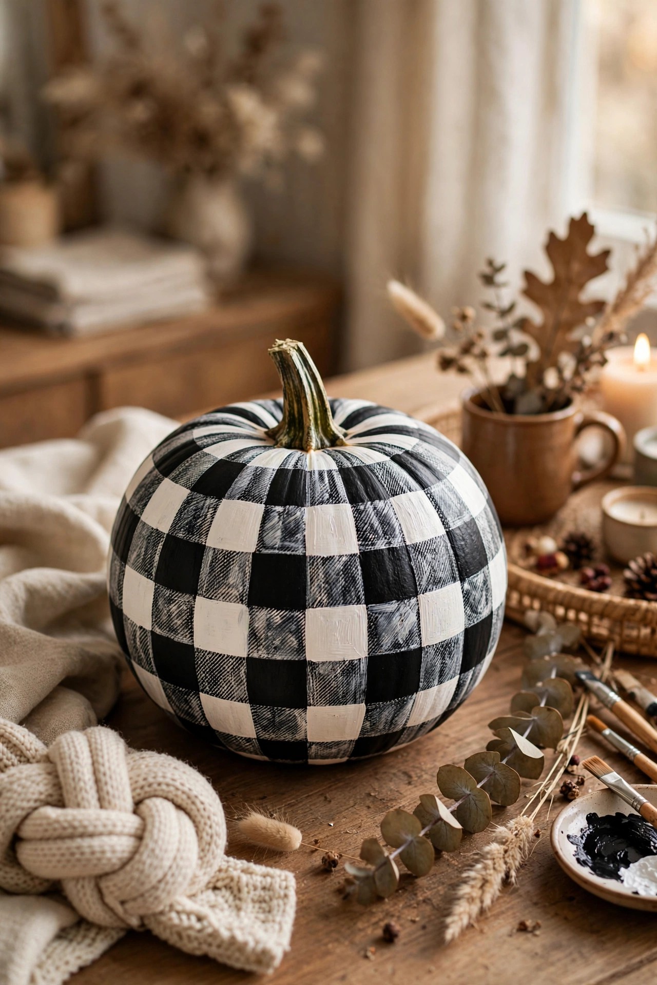 Pumpkin painted in black and white buffalo check pattern no-carve idea