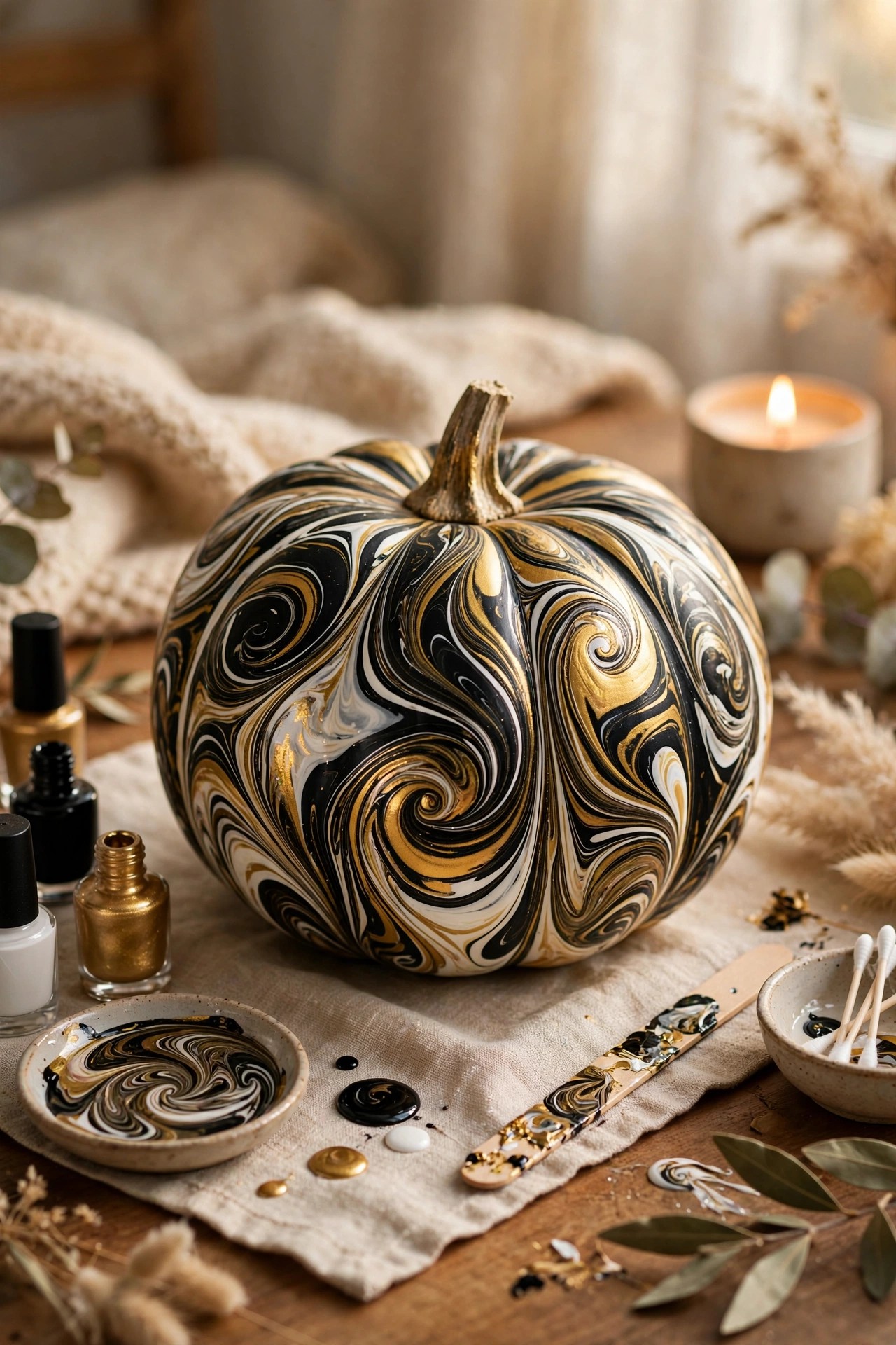 Pumpkin with marbled nail polish swirl design no-carve craft
