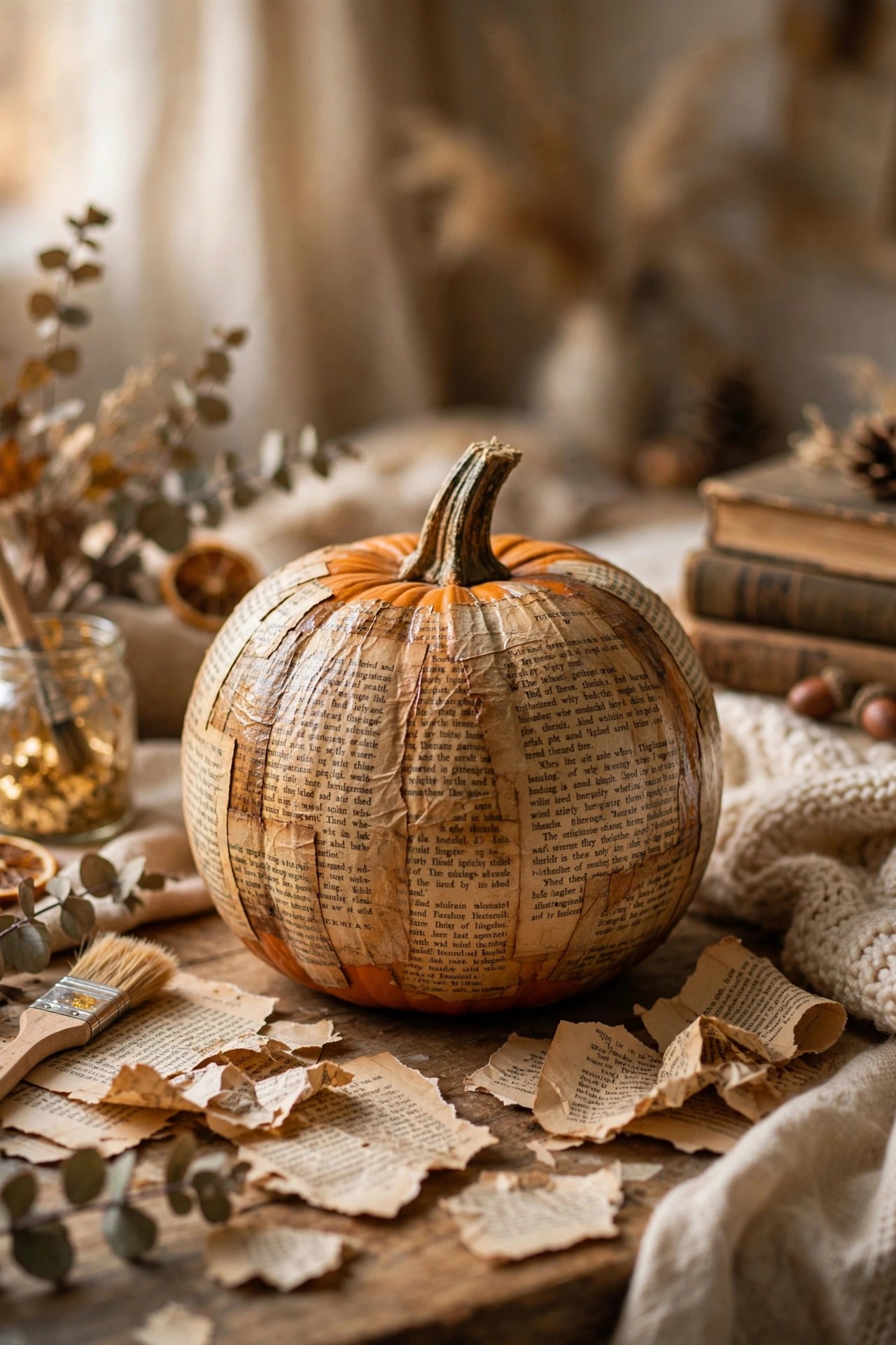 Pumpkin decoupaged with vintage book pages for literary no-carve Halloween