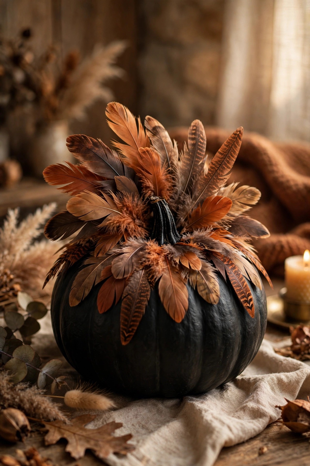 Black pumpkin decorated with feathers for glam no-carve Halloween decor