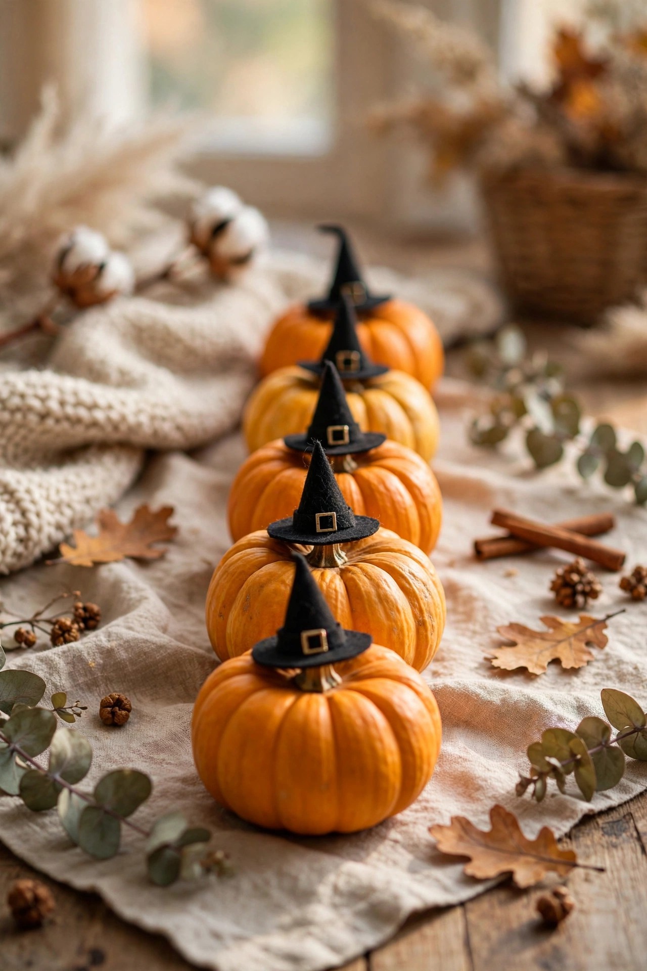 Mini pumpkins wearing tiny witch hats for cute no-carve Halloween decor