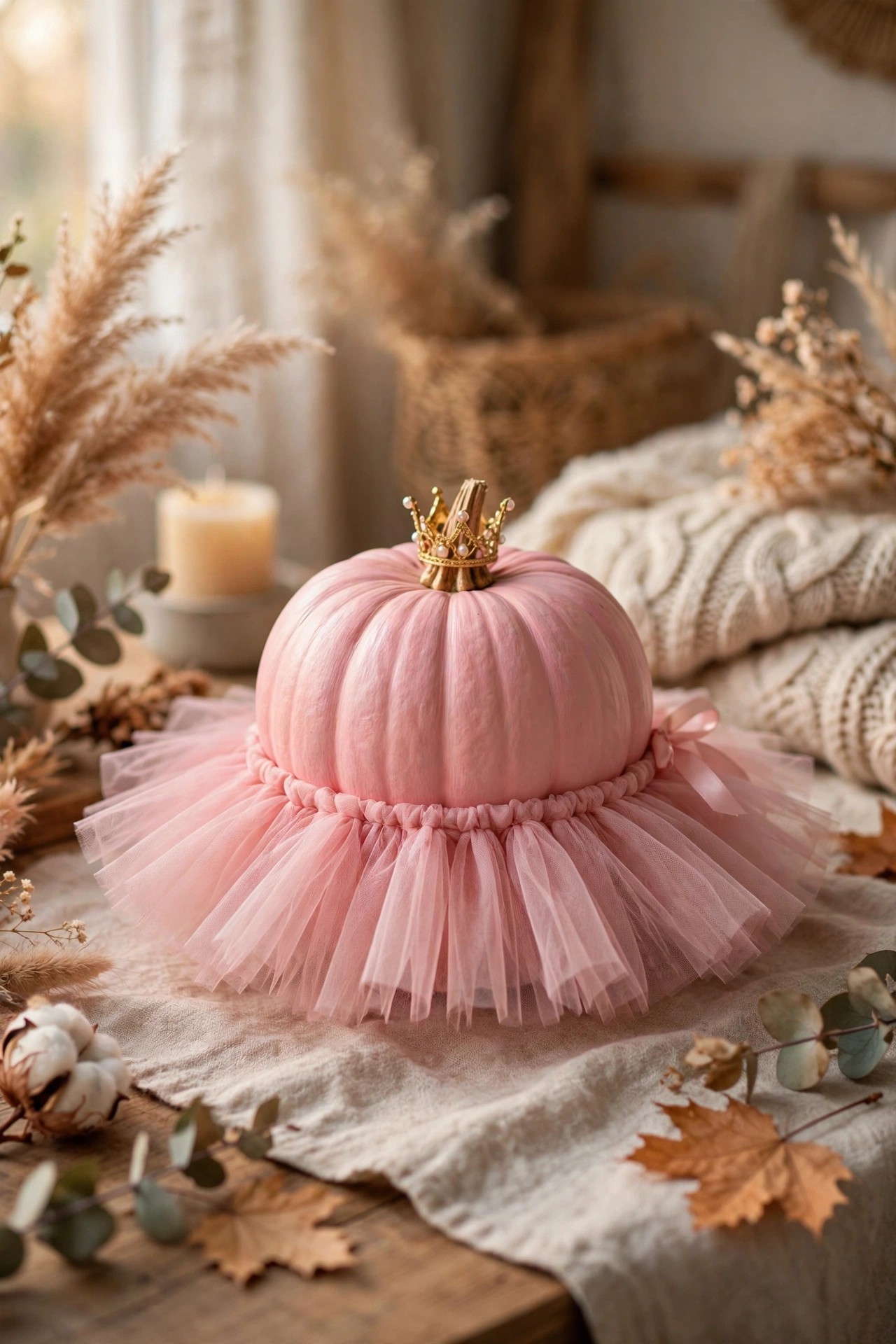 Pink pumpkin with tulle tutu skirt for whimsical no-carve Halloween craft