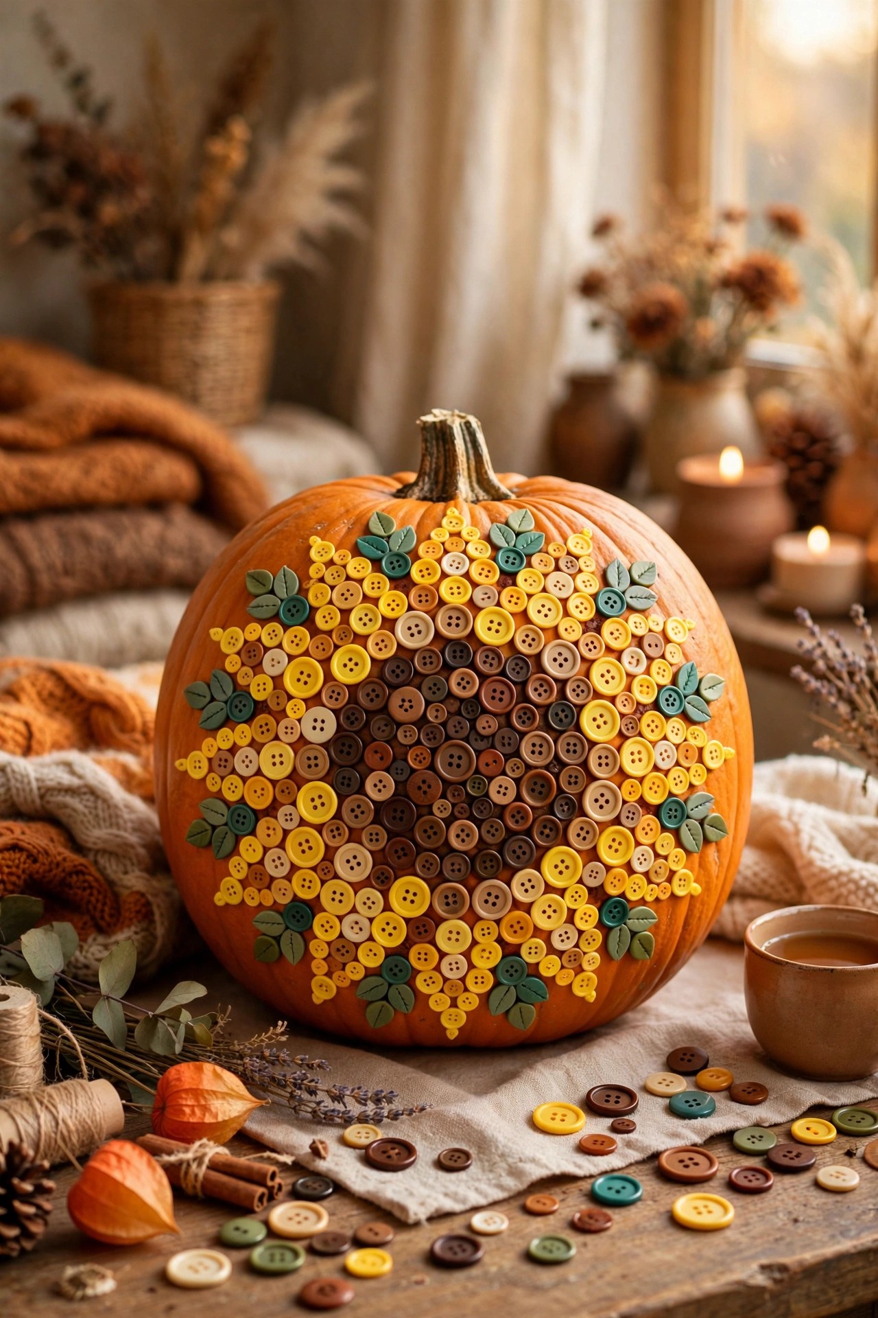 Pumpkin decorated with colorful button mosaic no-carve craft idea